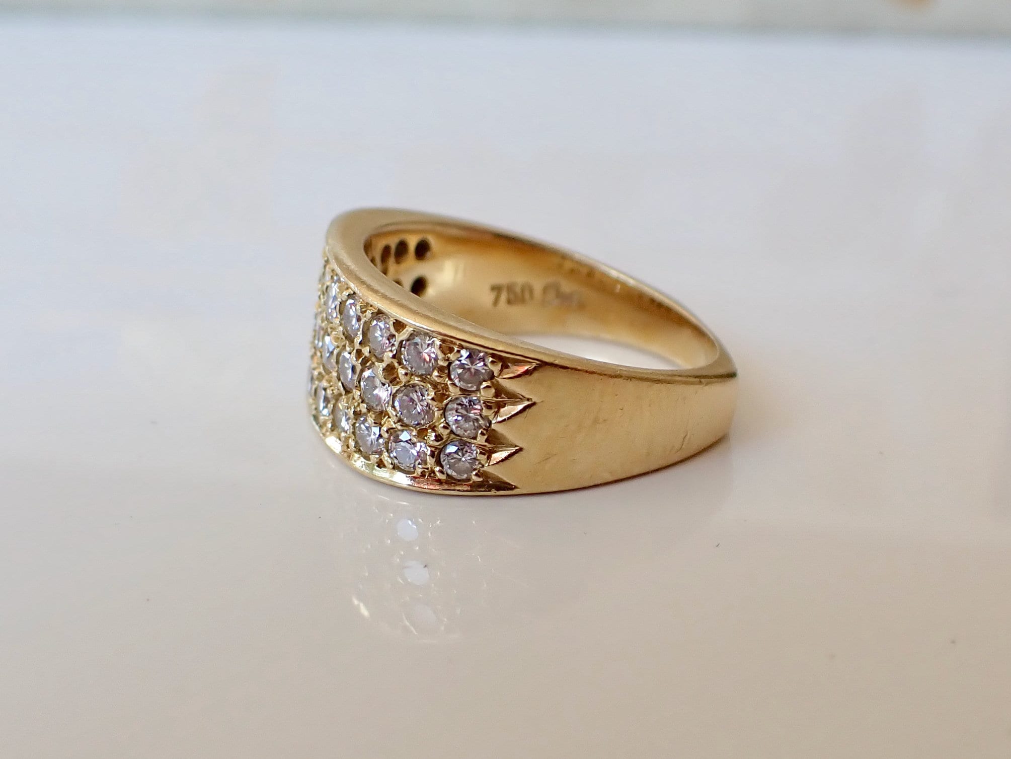 Vintage 18k Gold Diamond Band Ring: Three Row Iced Out Ring, Size 5