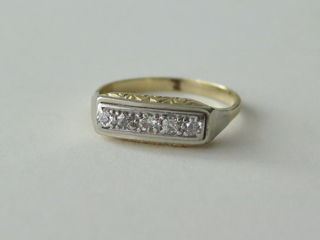Antique Diamond Ring, 14k Gold, Mid Century Five Stone Ring