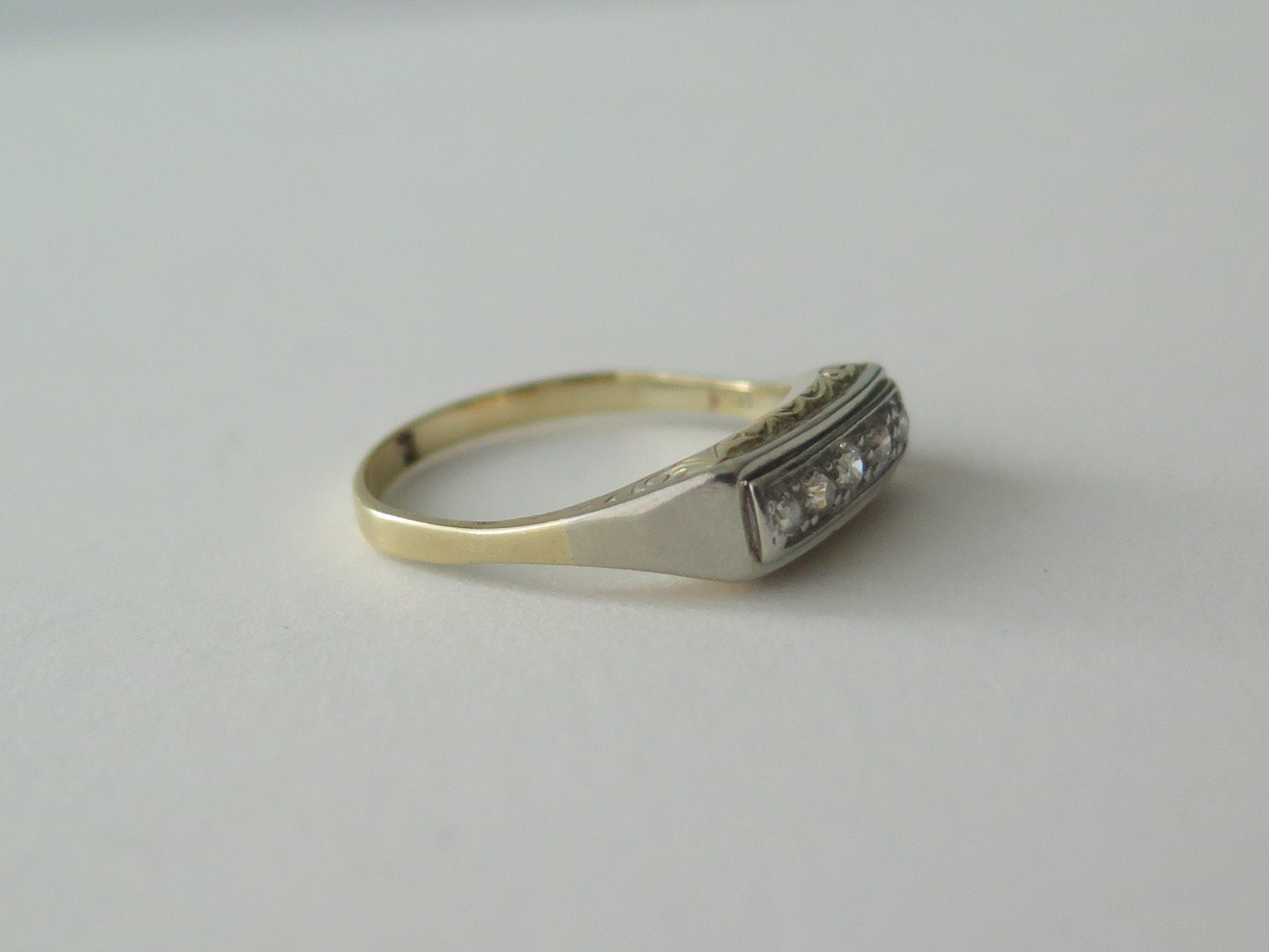 Antique Diamond Ring, 14k Gold, Mid Century Five Stone Ring