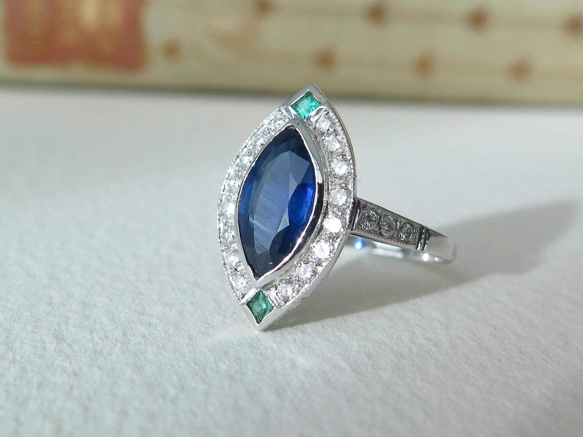 Antique Art Deco 18k Gold Ring: Sapphire, Emerald & Diamond Marquise