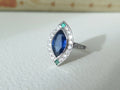 Antique Art Deco Ring, 18k Gold, Natural Sapphire, Emeralds, Diamonds Marquise Ring, Italian 1940s Ring