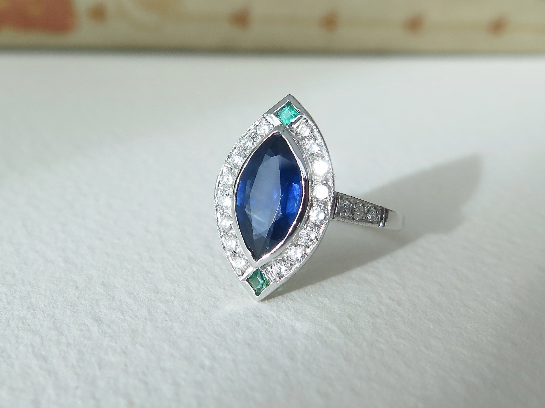 Antique Art Deco Ring, 18k Gold, Natural Sapphire, Emeralds, Diamonds Marquise Ring, Italian 1940s Ring