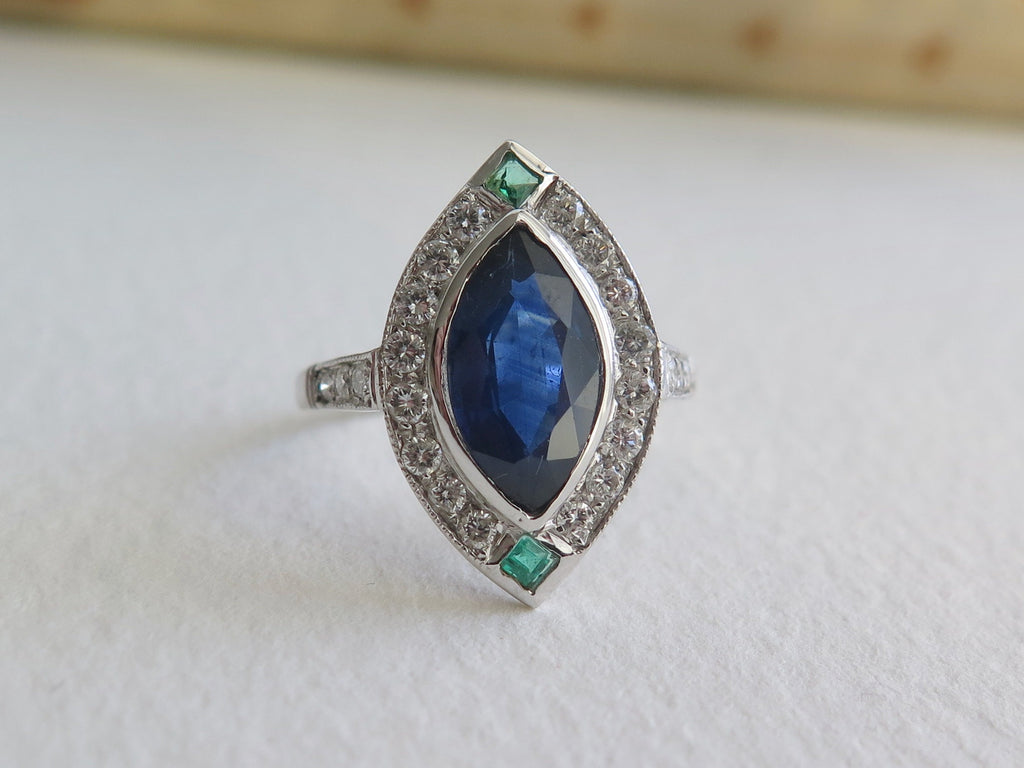 Antique Art Deco 18k Gold Ring: Sapphire, Emerald & Diamond Marquise