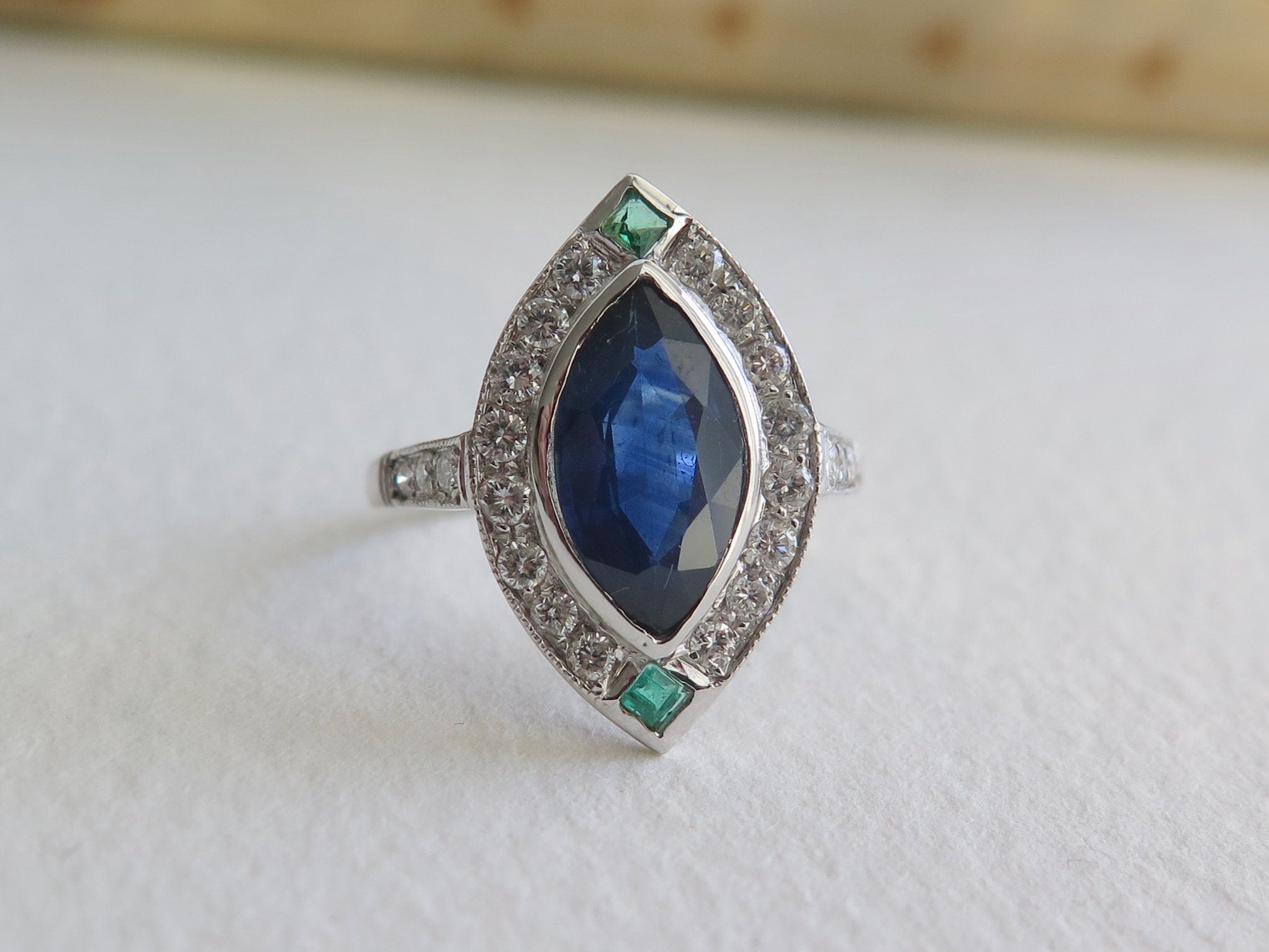 Antique Art Deco 18k Gold Ring: Sapphire, Emerald & Diamond Marquise