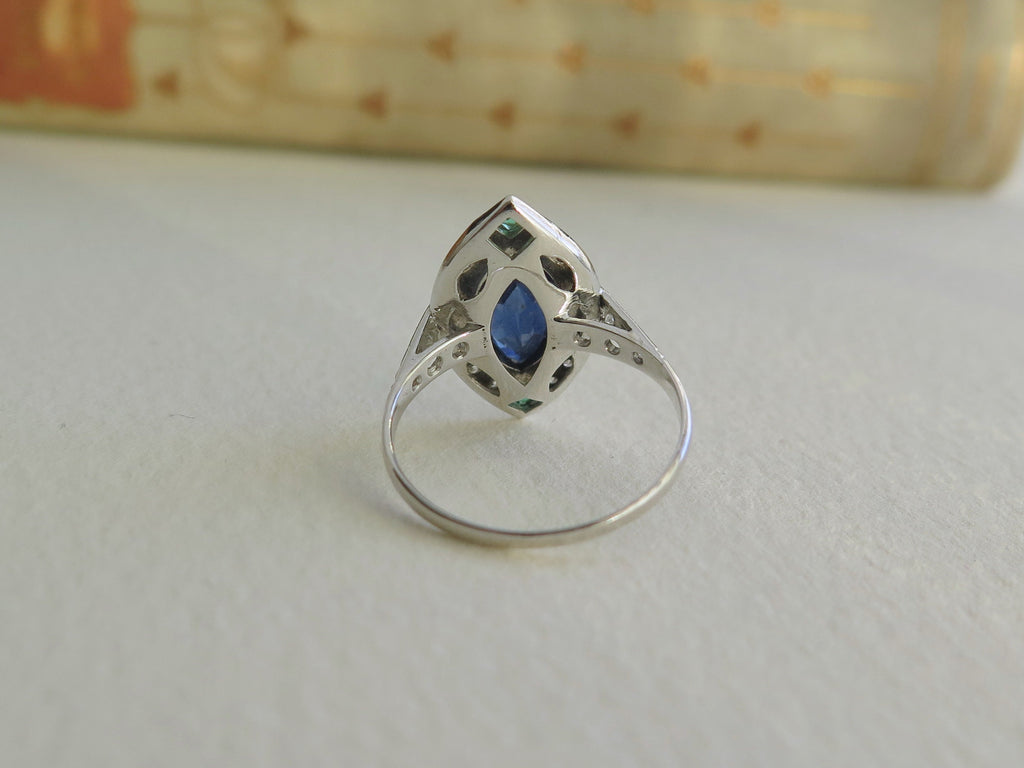 Antique Art Deco 18k Gold Ring: Sapphire, Emerald & Diamond Marquise