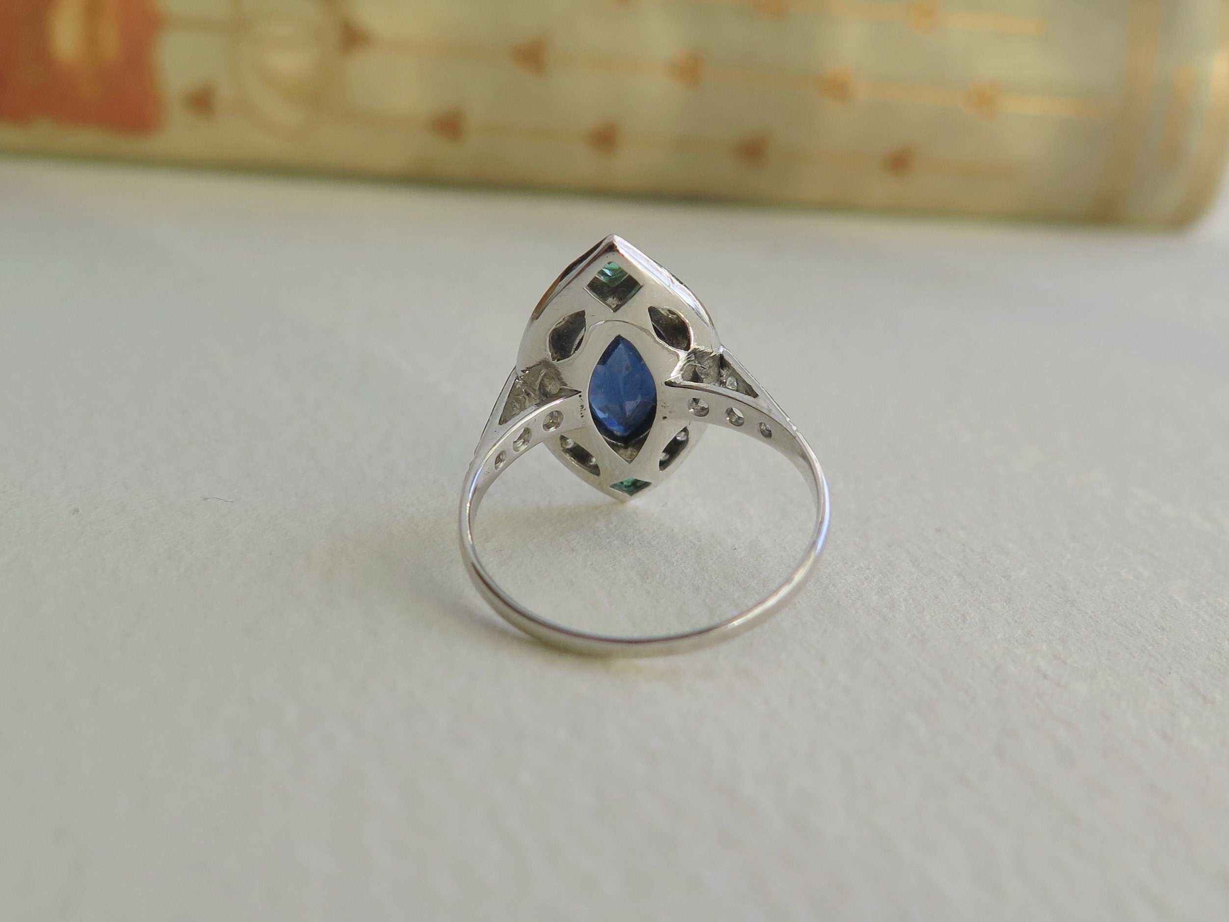 Antique Art Deco 18k Gold Ring: Sapphire, Emerald & Diamond Marquise