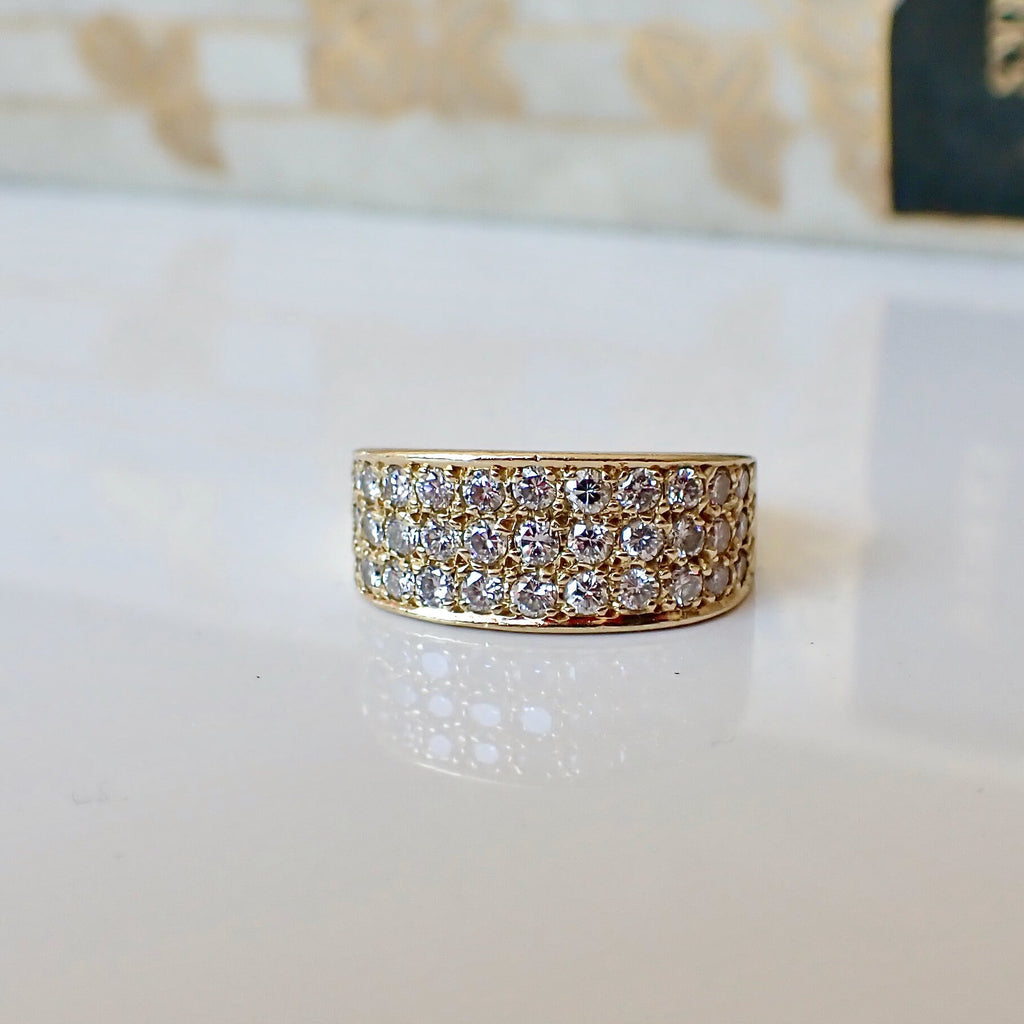 Vintage 18k Gold Diamond Band Ring: Three Row Iced Out Ring, Size 5