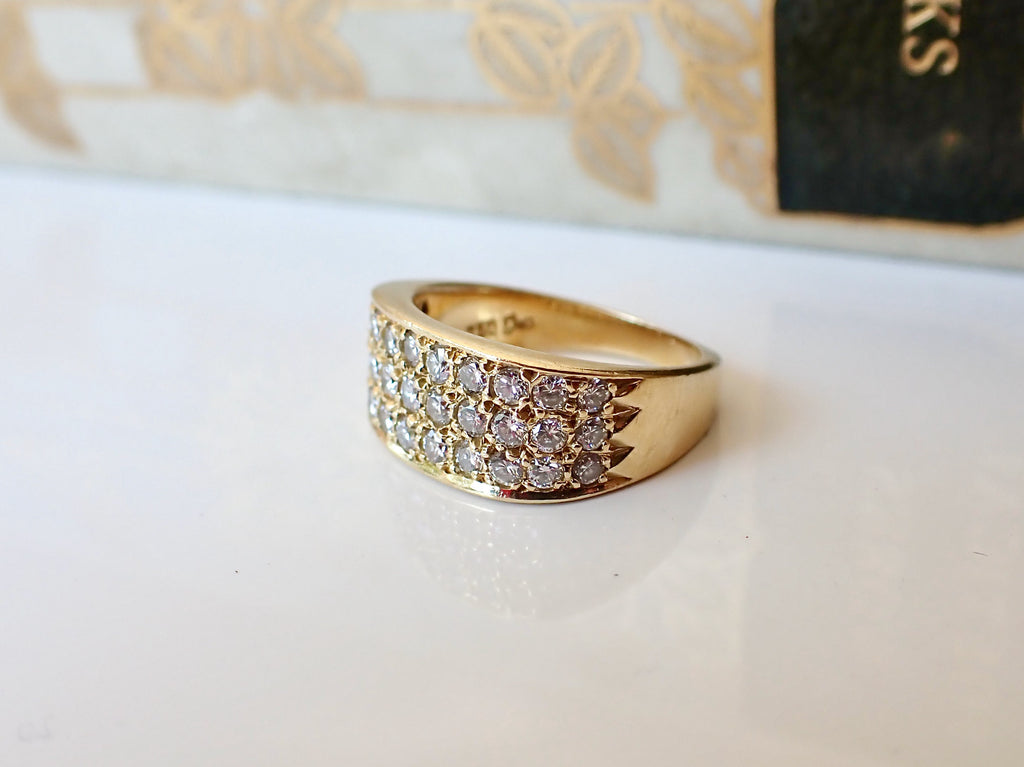 Vintage 18k Gold Diamond Band Ring: Three Row Iced Out Ring, Size 5