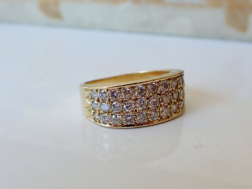 Vintage 18k Gold Diamond Band Ring: Three Row Iced Out Ring, Size 5
