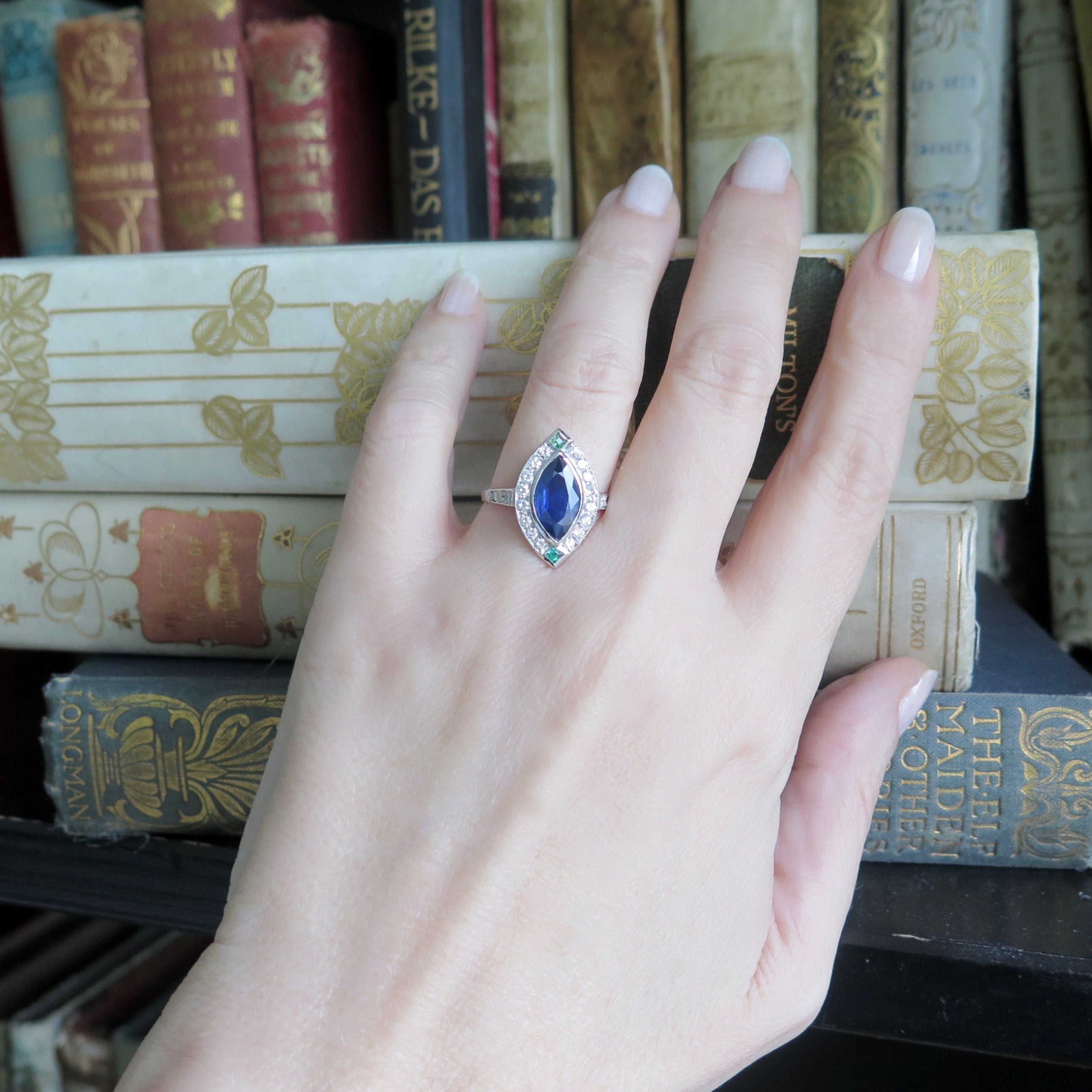 Antique Art Deco 18k Gold Ring: Sapphire, Emerald & Diamond Marquise
