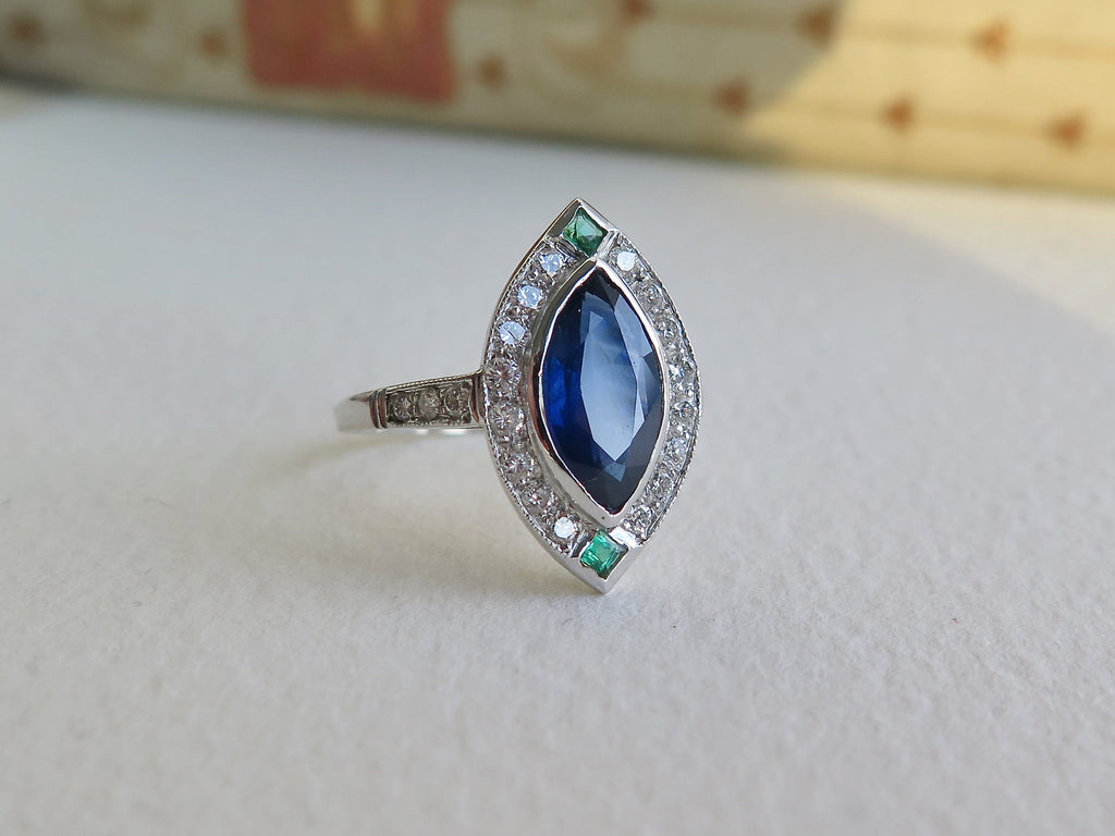 Antique Art Deco 18k Gold Ring: Sapphire, Emerald & Diamond Marquise