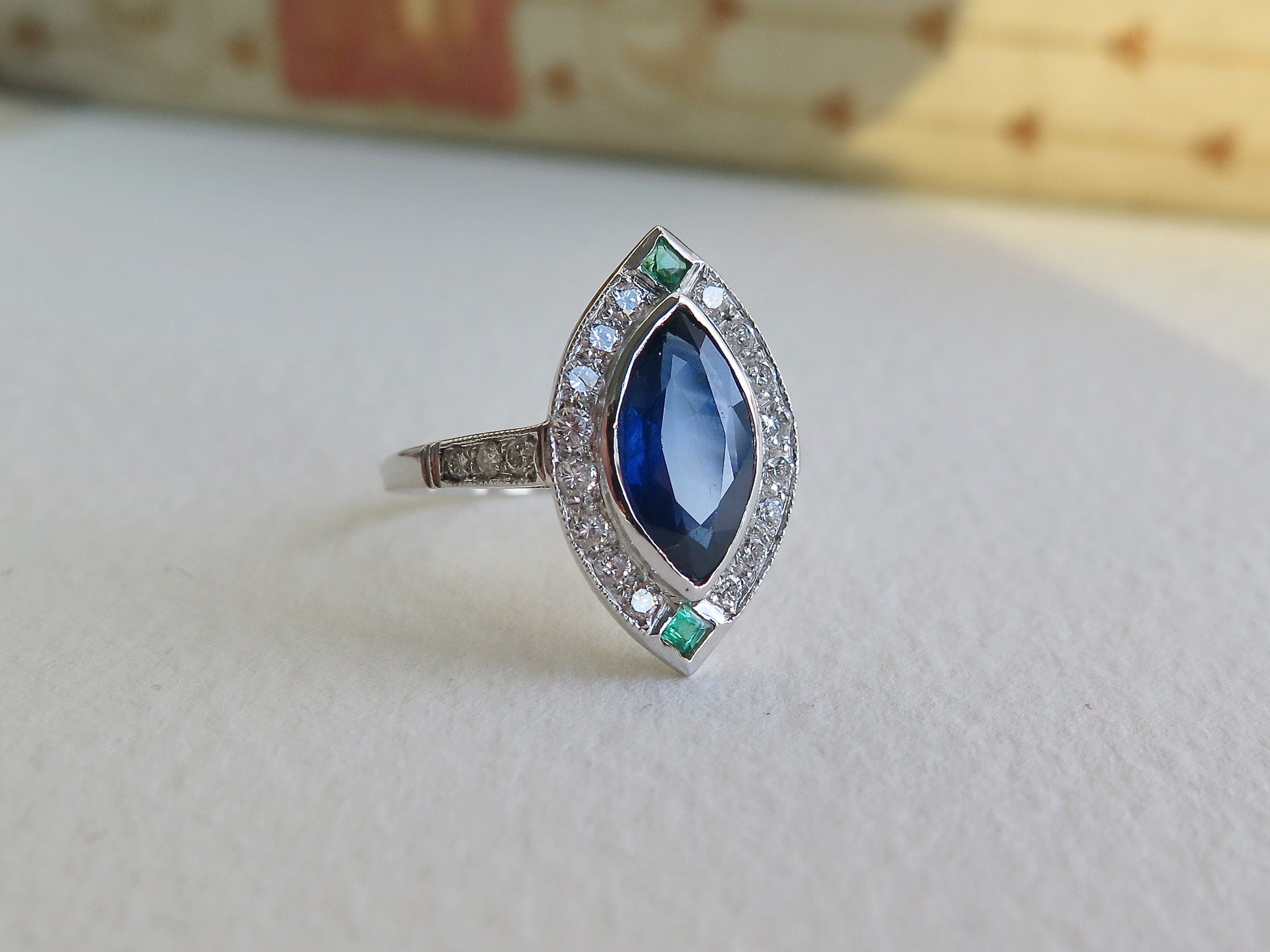 Antique Art Deco 18k Gold Ring: Sapphire, Emerald & Diamond Marquise