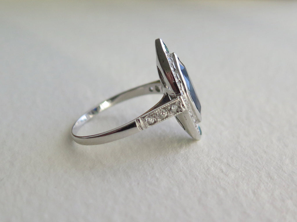 Antique Art Deco 18k Gold Ring: Sapphire, Emerald & Diamond Marquise