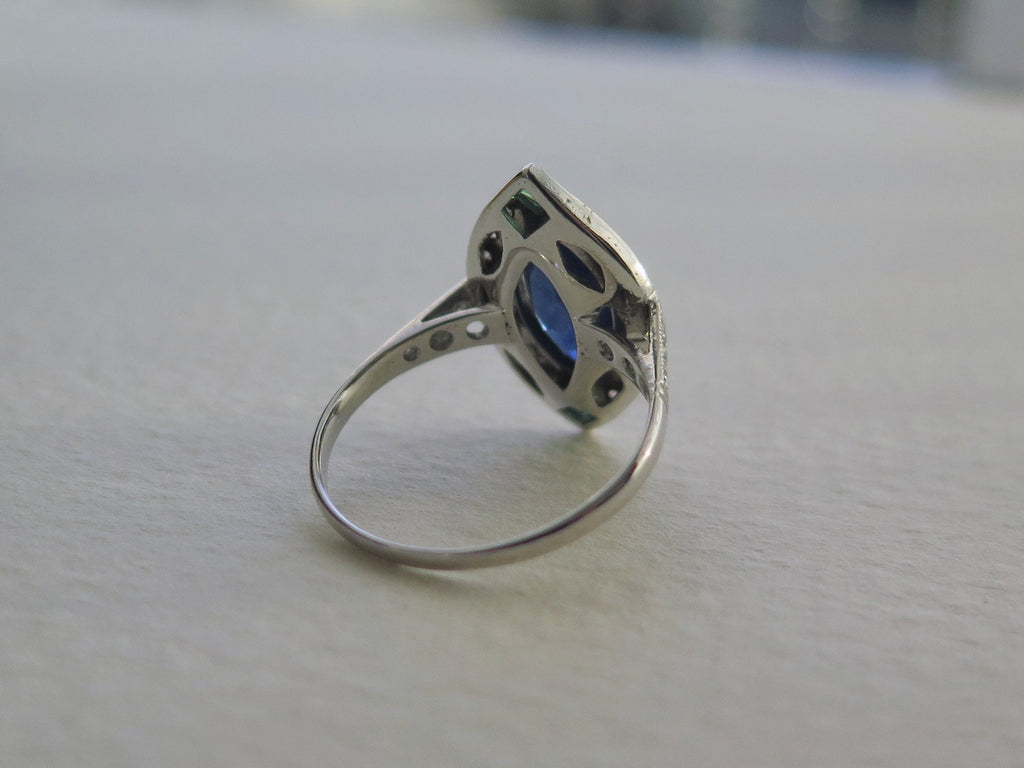 Antique Art Deco 18k Gold Ring: Sapphire, Emerald & Diamond Marquise
