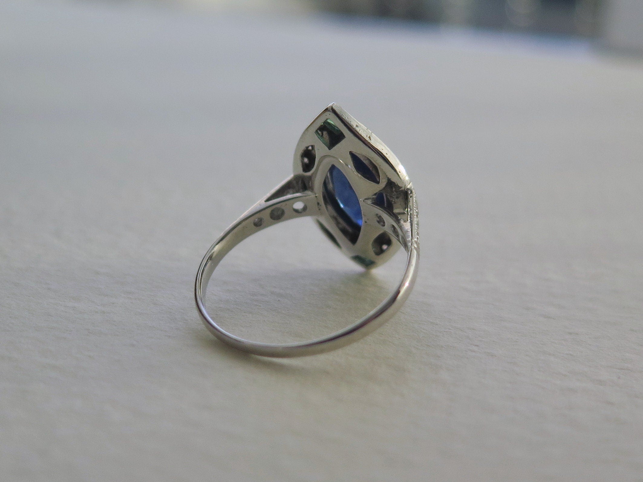 Antique Art Deco 18k Gold Ring: Sapphire, Emerald & Diamond Marquise