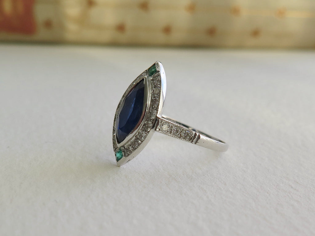 Antique Art Deco 18k Gold Ring: Sapphire, Emerald & Diamond Marquise