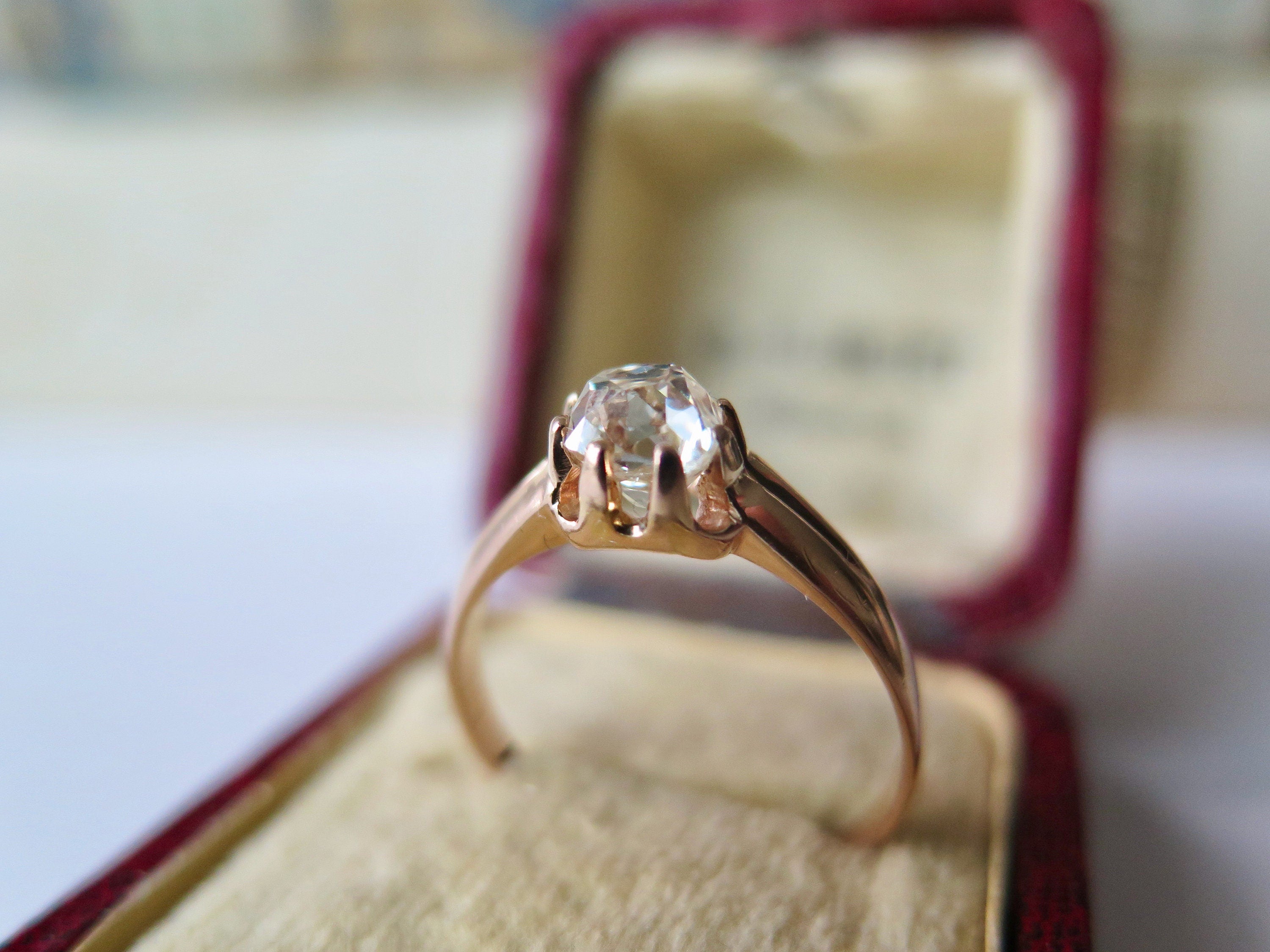Antique 18k Rose Gold Diamond Solitaire Ring: Peruzzi Cut, Art Deco