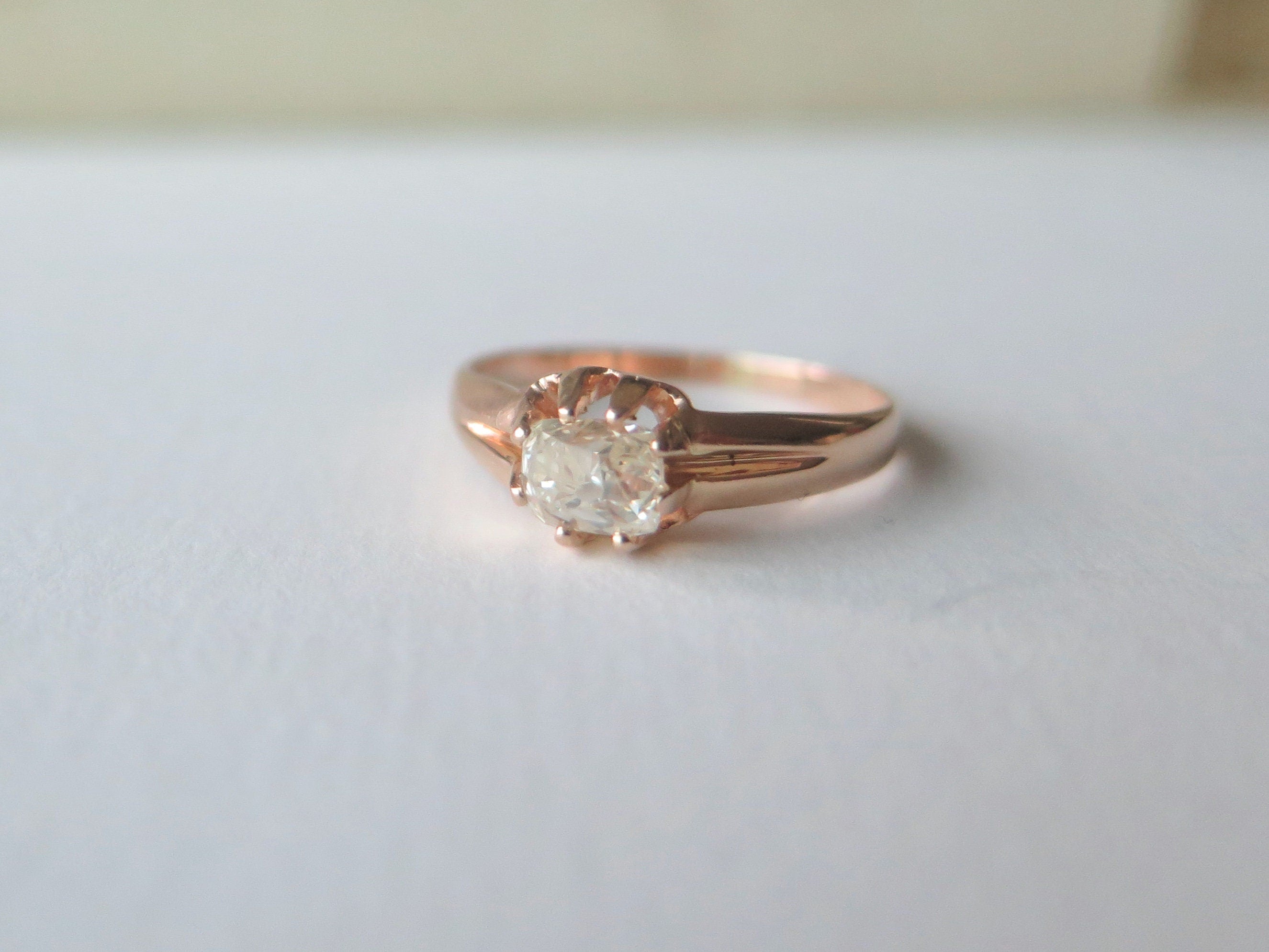 Antique 18k Rose Gold Diamond Solitaire Ring: Peruzzi Cut, Art Deco