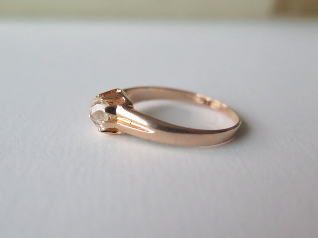 Antique 18k Rose Gold Diamond Solitaire Ring: Peruzzi Cut, Art Deco