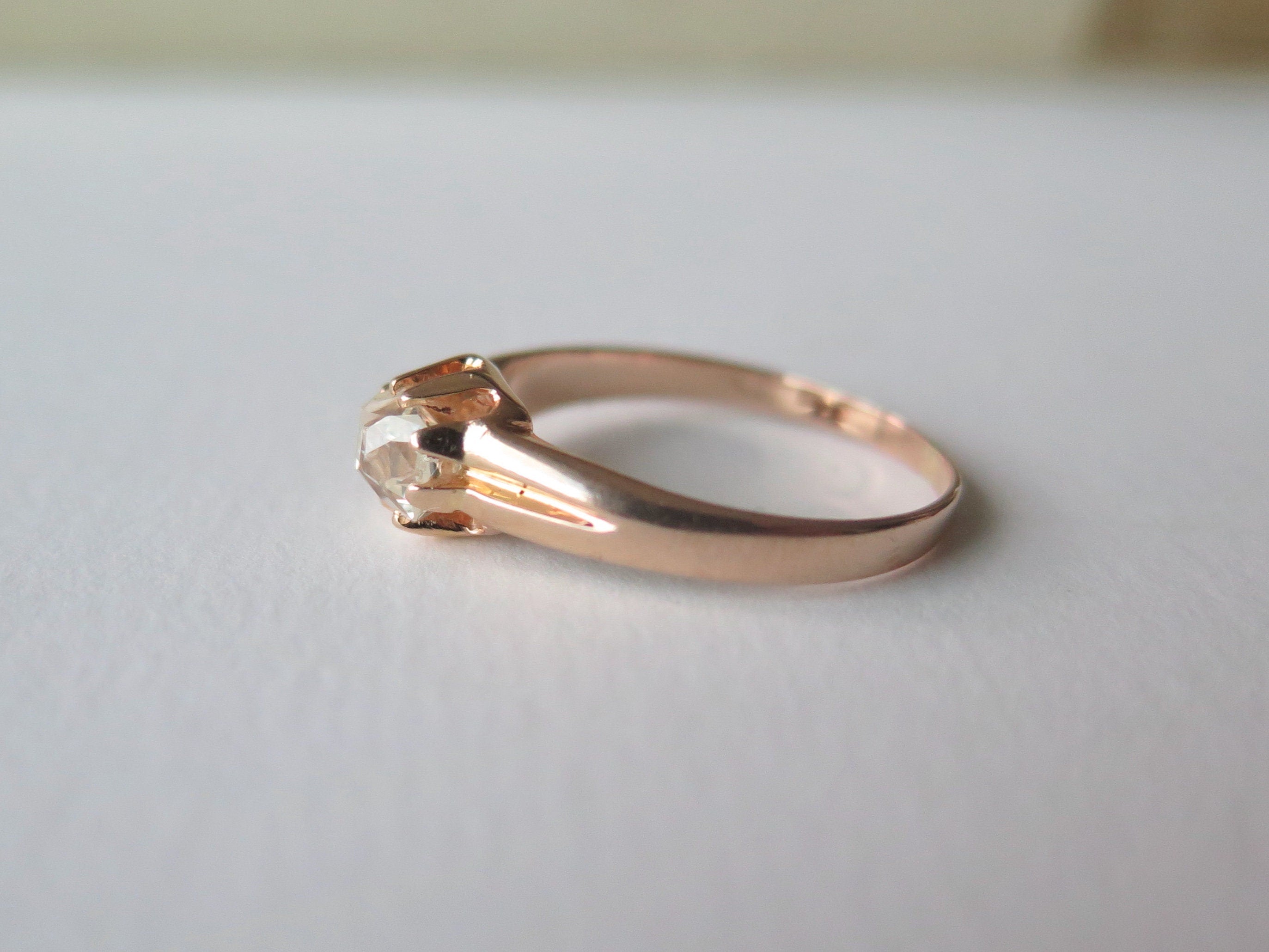 Antique 18k Rose Gold Diamond Solitaire Ring: Peruzzi Cut, Art Deco