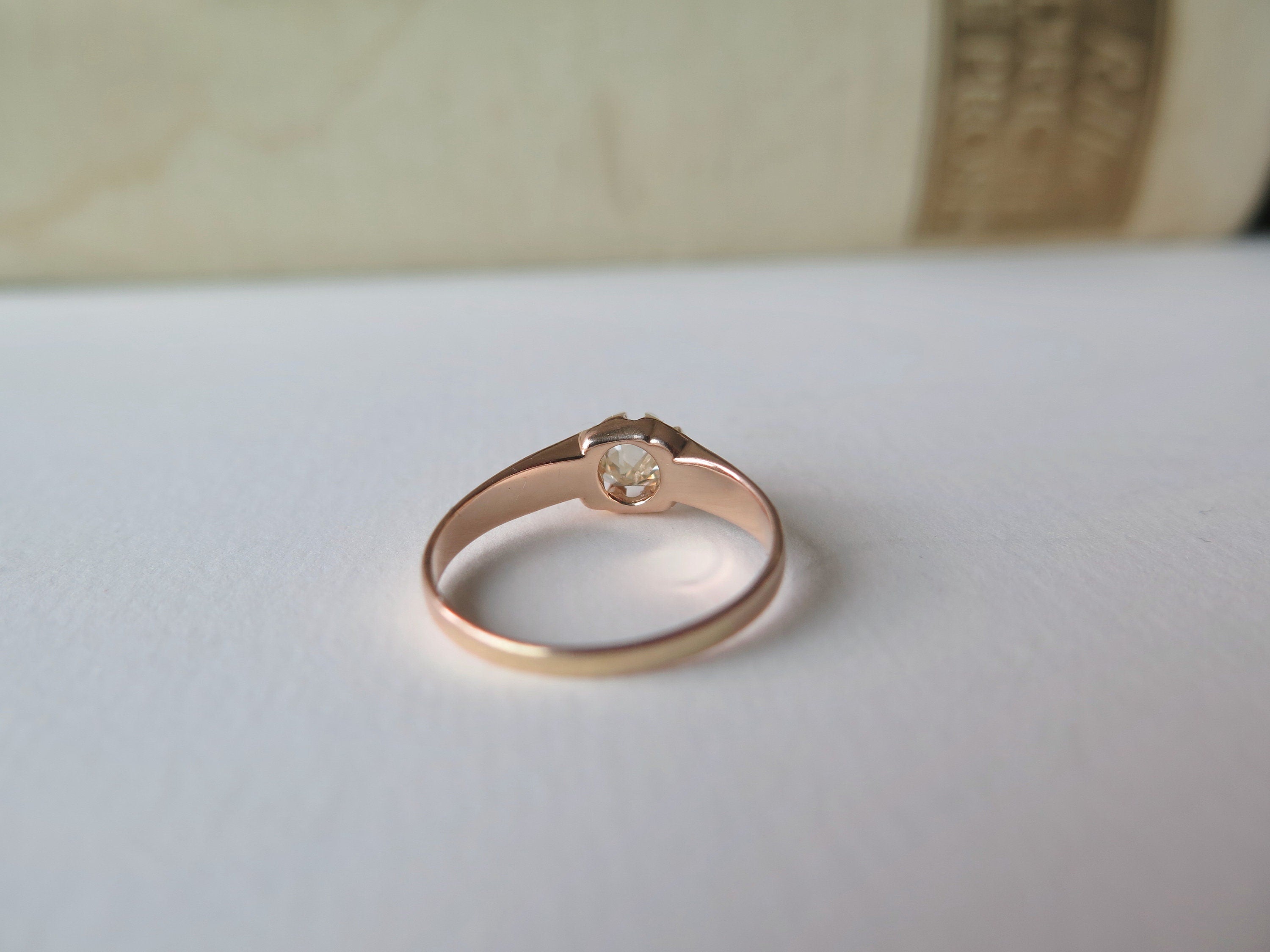 Antique 18k Rose Gold Diamond Solitaire Ring: Peruzzi Cut, Art Deco