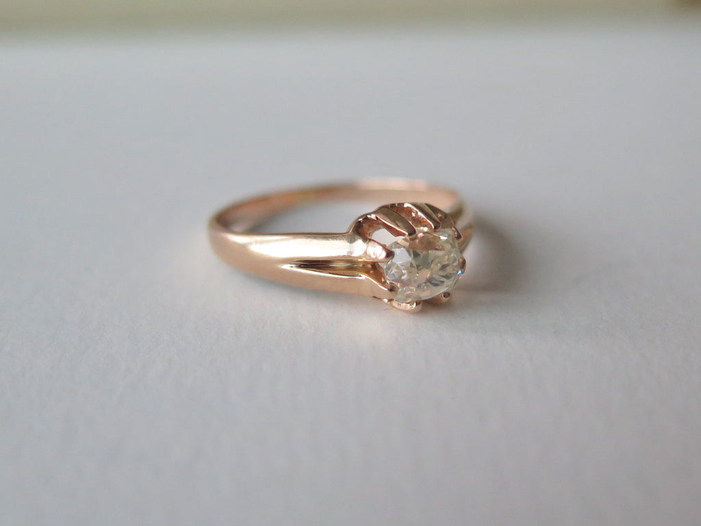 Antique 18k Rose Gold Diamond Solitaire Ring: Peruzzi Cut, Art Deco