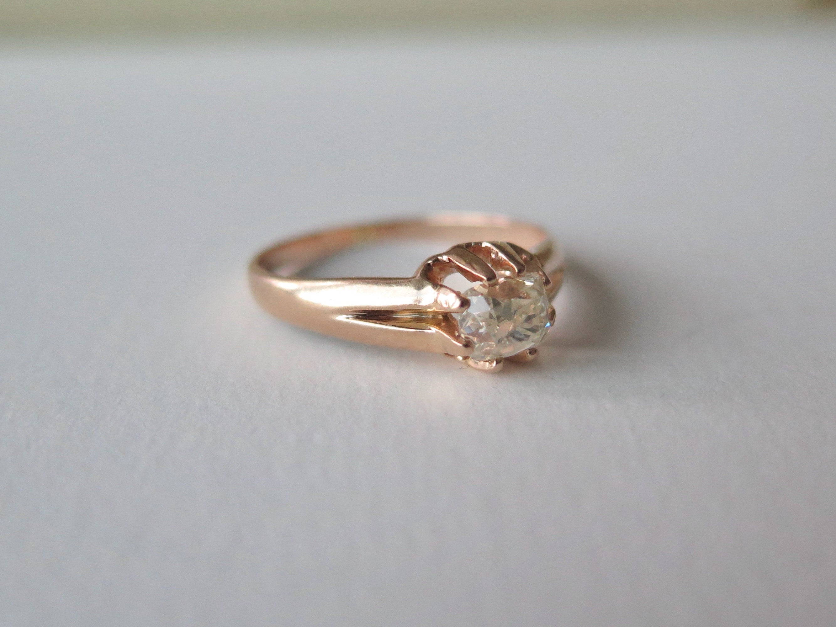 Antique 18k Rose Gold Diamond Solitaire Ring: Peruzzi Cut, Art Deco