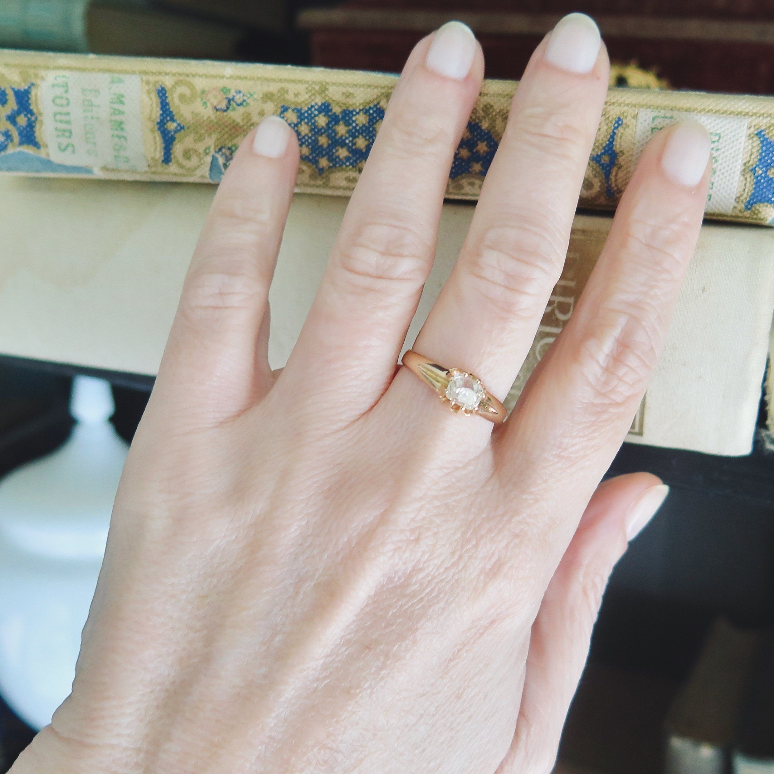 Antique 18k Rose Gold Diamond Solitaire Ring: Peruzzi Cut, Art Deco