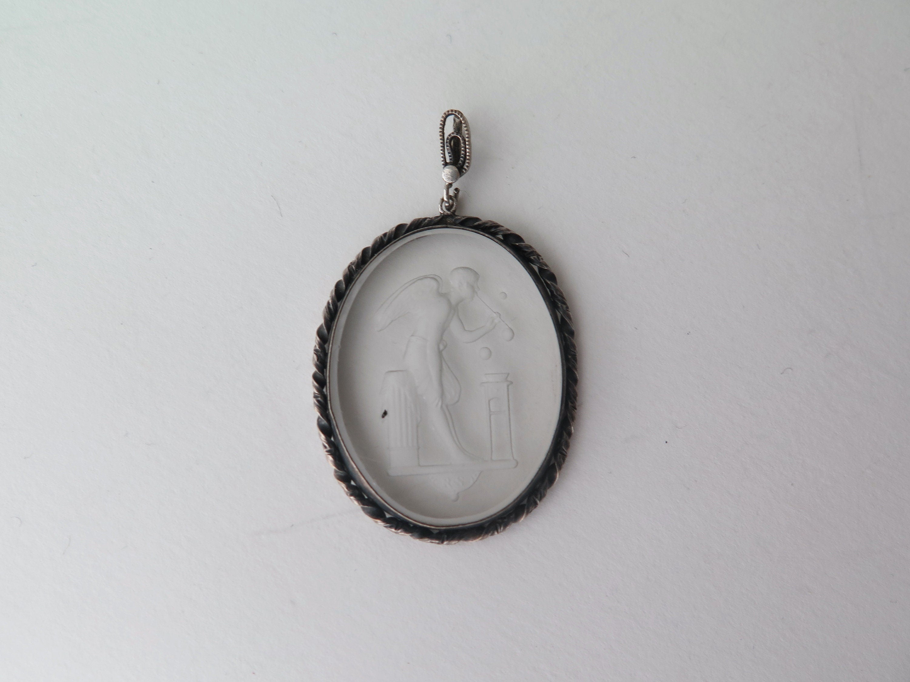 Vintage Art Deco Etched Glass Pendant, Eros Blowing Soap Bubbles, Cupid Pendant