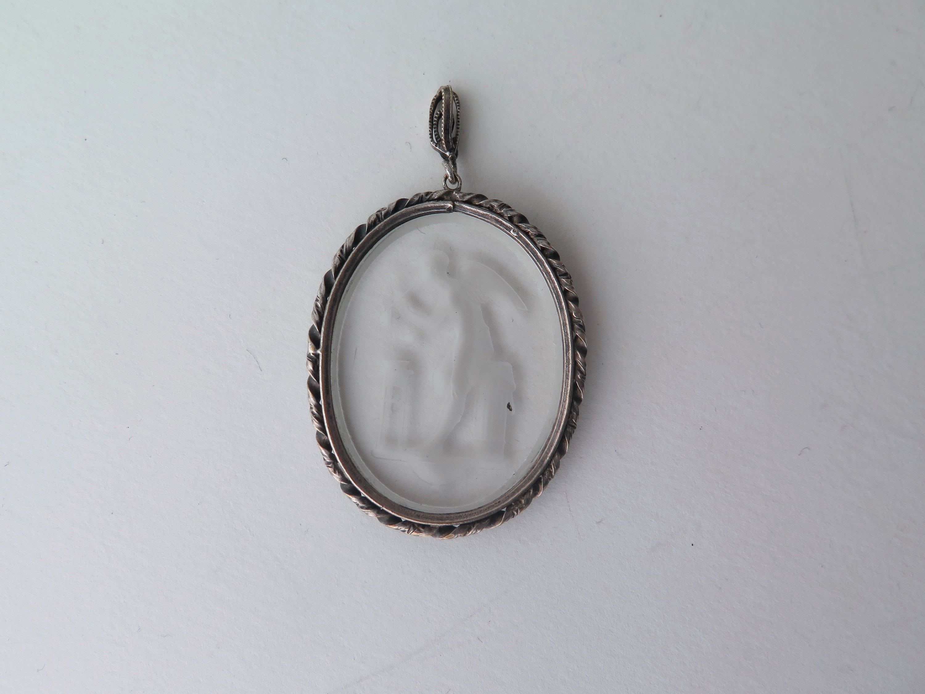 Vintage Art Deco Etched Glass Pendant, Eros Blowing Soap Bubbles, Cupid Pendant