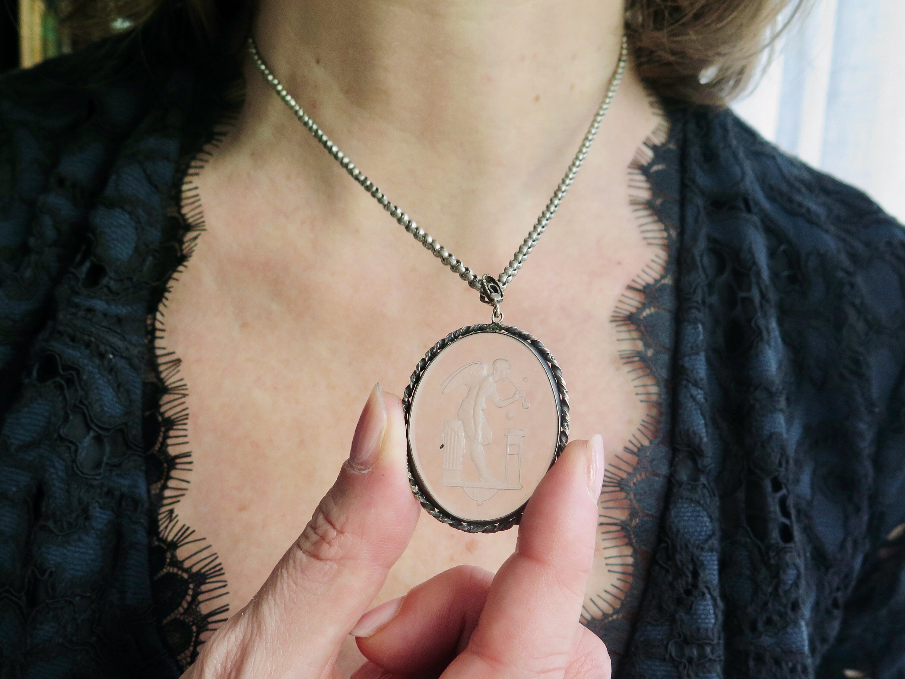 Vintage Art Deco Etched Glass Pendant, Eros Blowing Soap Bubbles, Cupid Pendant