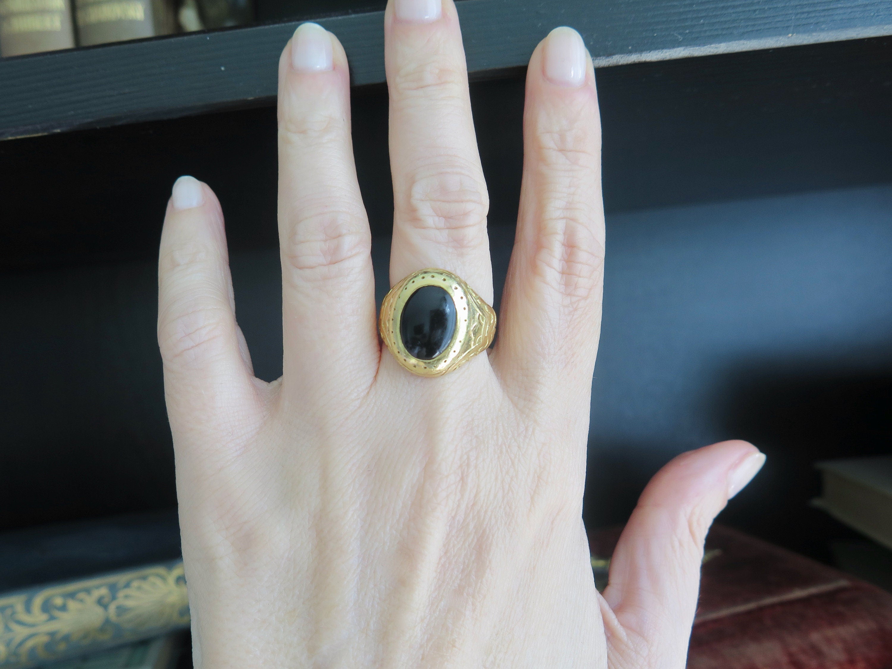 Antique 18k Gold Onyx Ring: Engraved Statement Ring, Size 7