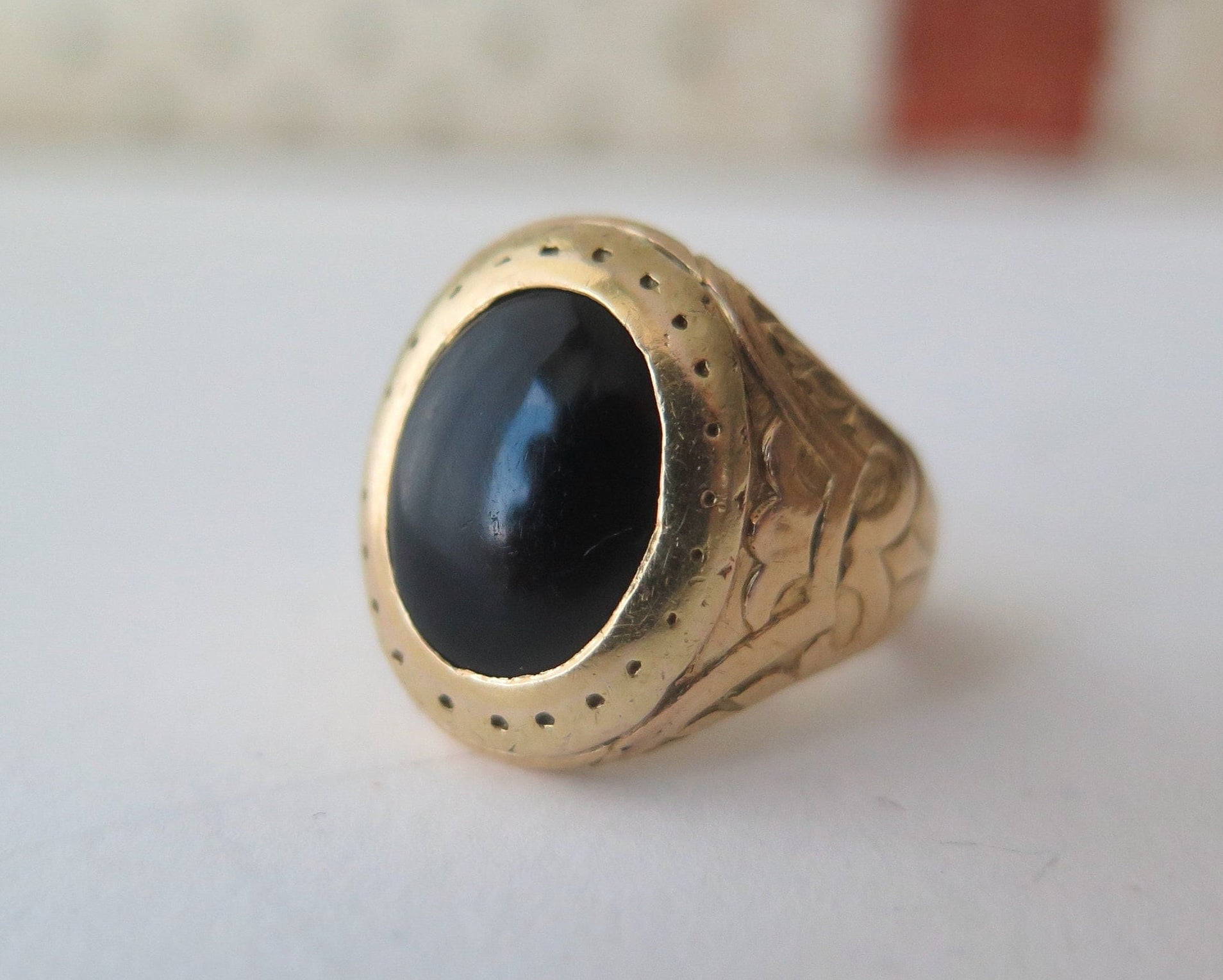 Antique Onyx Statement Ring, 18k Gold Engraved Gold Ring with Oval Black Onyx