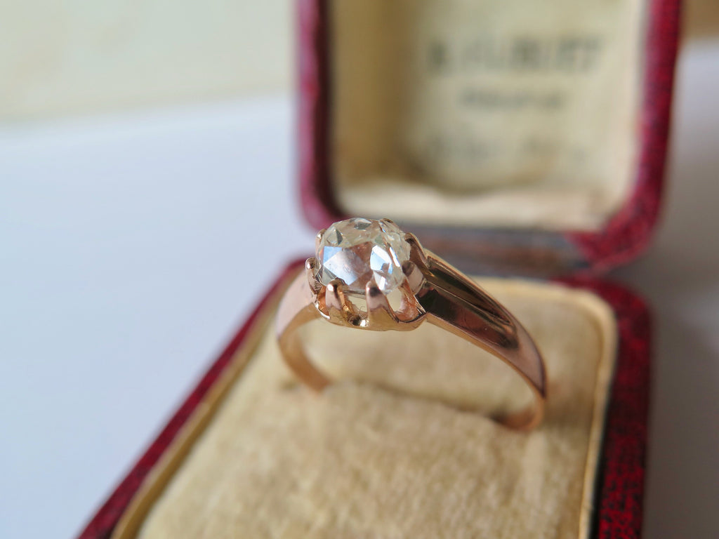 Antique 18k Rose Gold Diamond Solitaire Ring: Peruzzi Cut, Art Deco