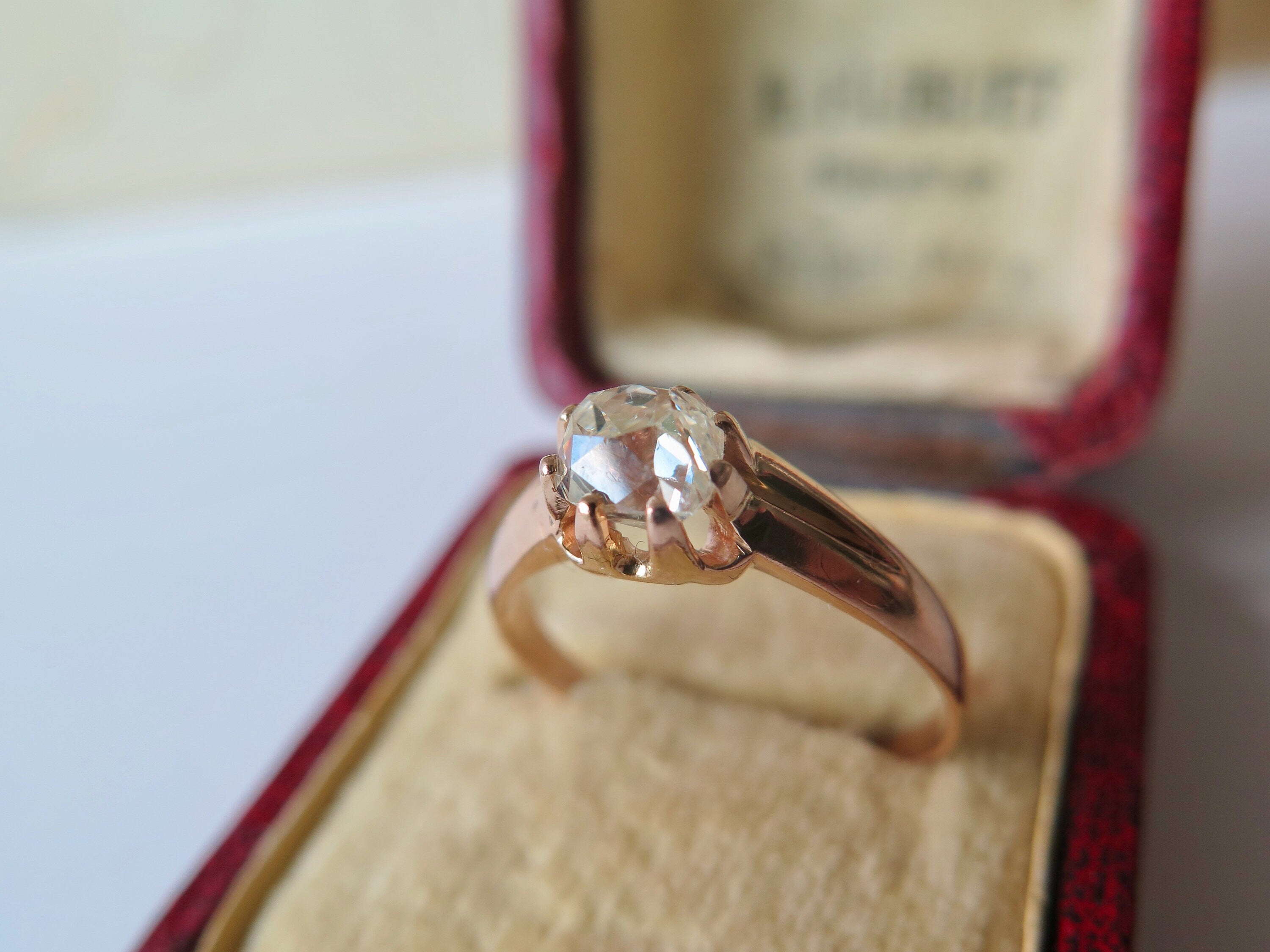 Antique 18k Rose Gold Diamond Solitaire Ring: Peruzzi Cut, Art Deco