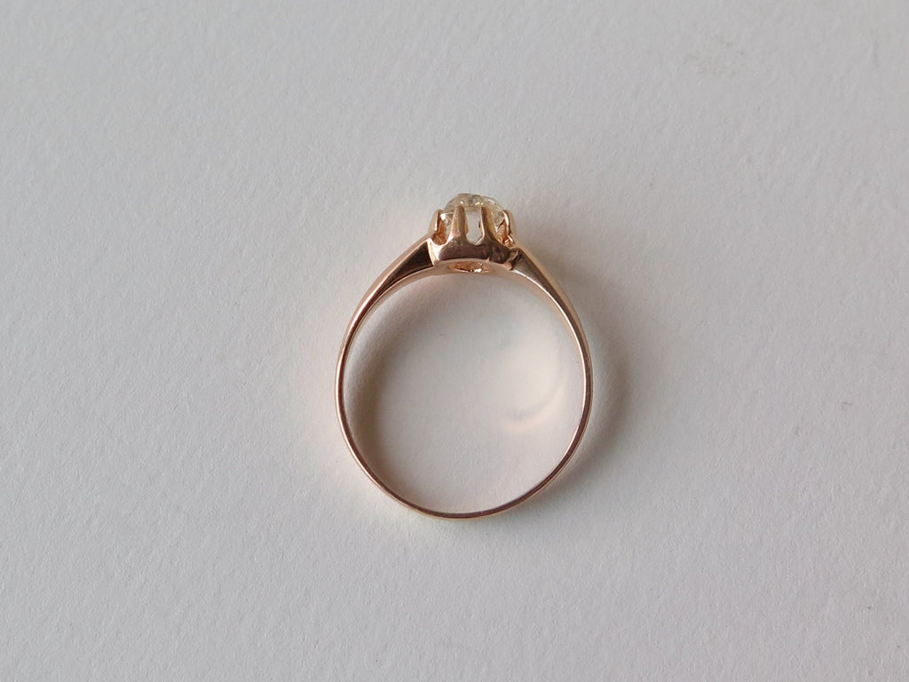 Antique 18k Rose Gold Diamond Solitaire Ring: Peruzzi Cut, Art Deco