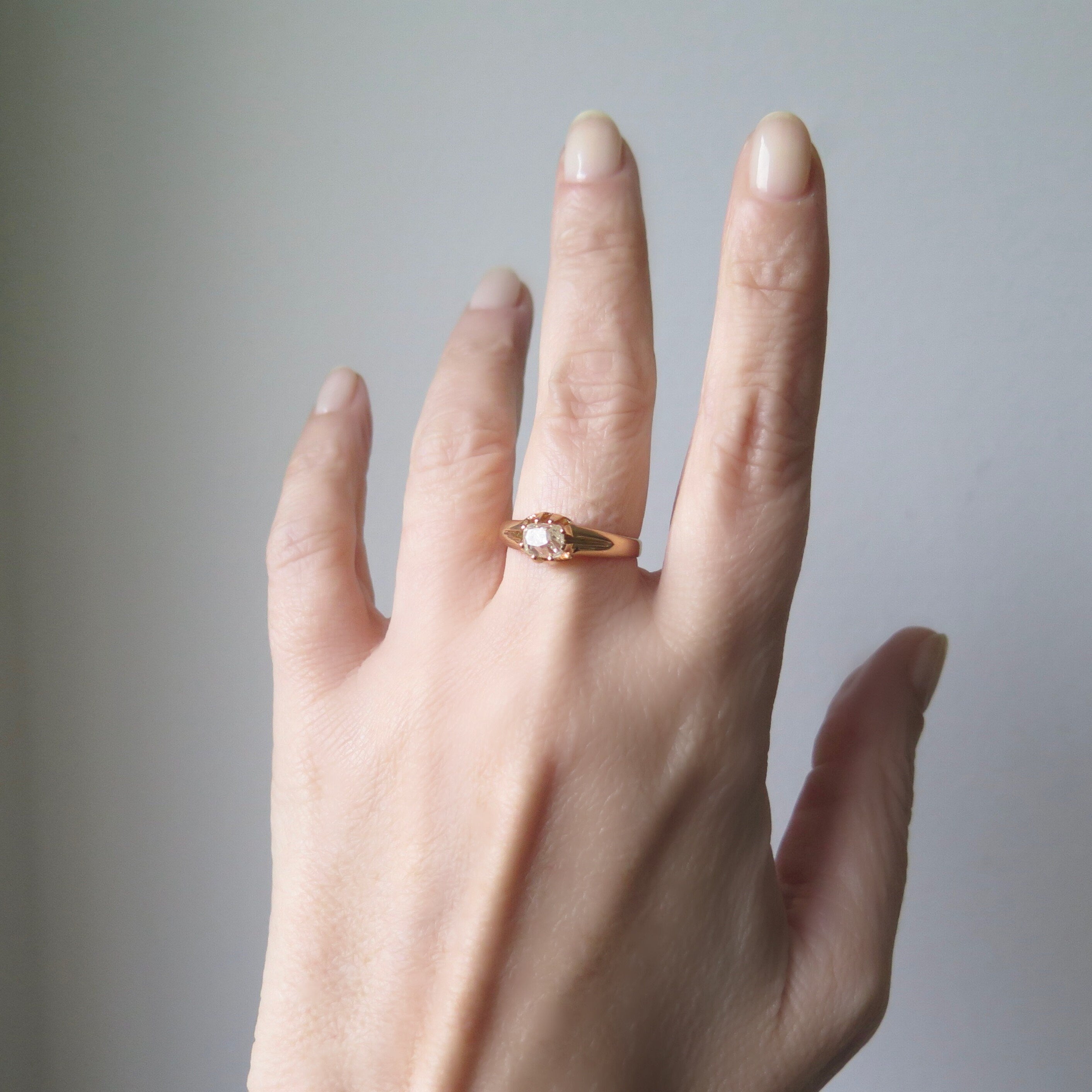 Antique 18k Rose Gold Diamond Solitaire Ring: Peruzzi Cut, Art Deco