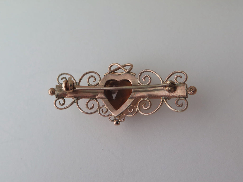 Antique 9k Gold Heart Brooch: Edwardian Yellow Paste Stone