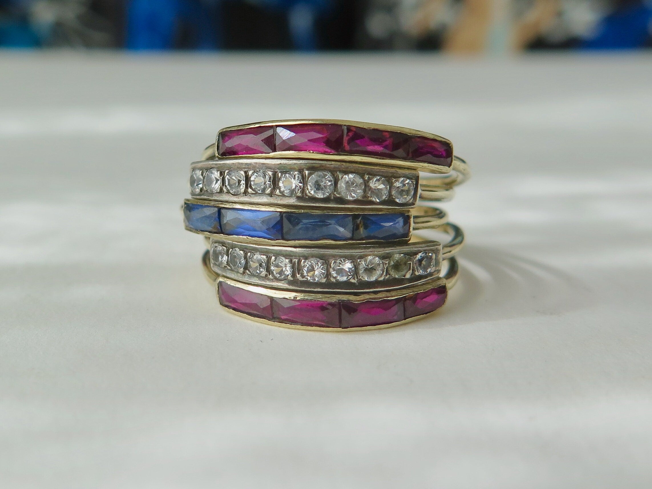 Antique 18k Gold Harem Ring: Ruby, Blue & White Sapphire, Multi-Band