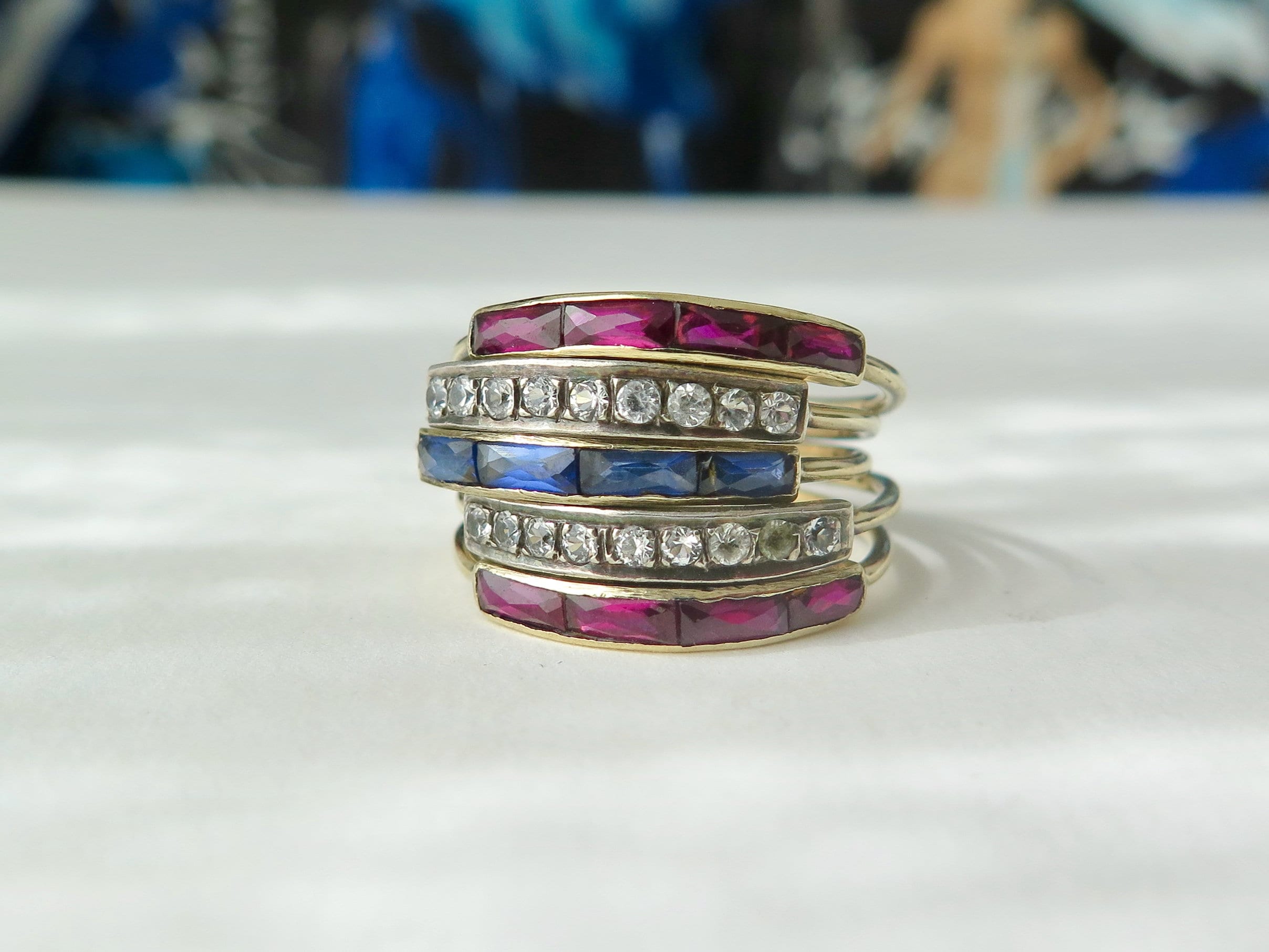 Antique 18k Gold Harem Ring: Ruby, Blue & White Sapphire, Multi-Band