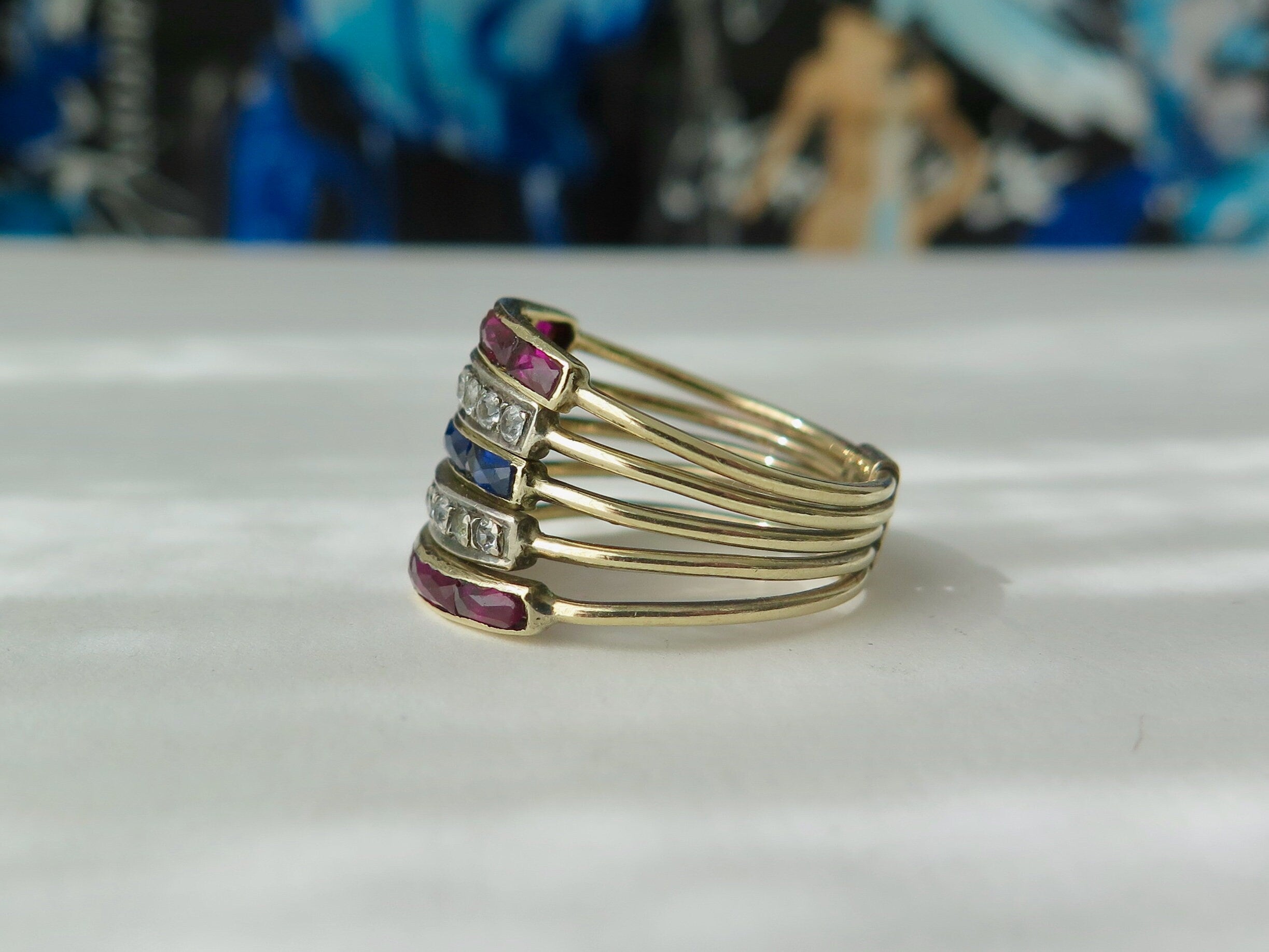 Antique 18k Gold Harem Ring: Ruby, Blue & White Sapphire, Multi-Band