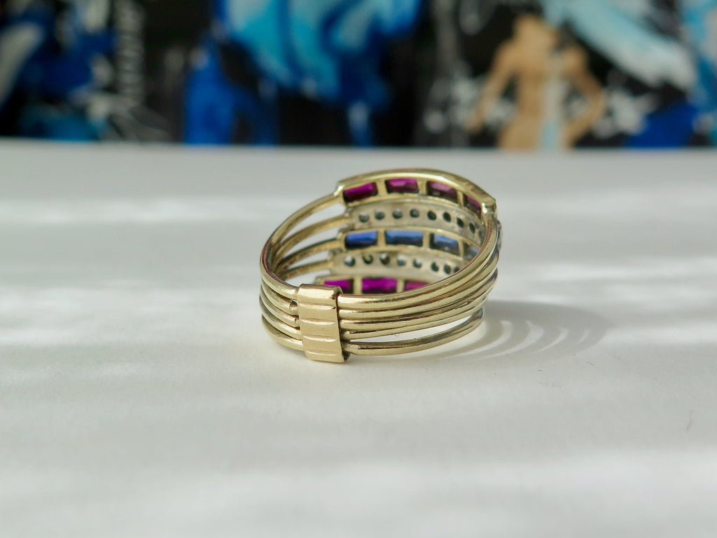 Antique 18k Gold Harem Ring: Ruby, Blue & White Sapphire, Multi-Band