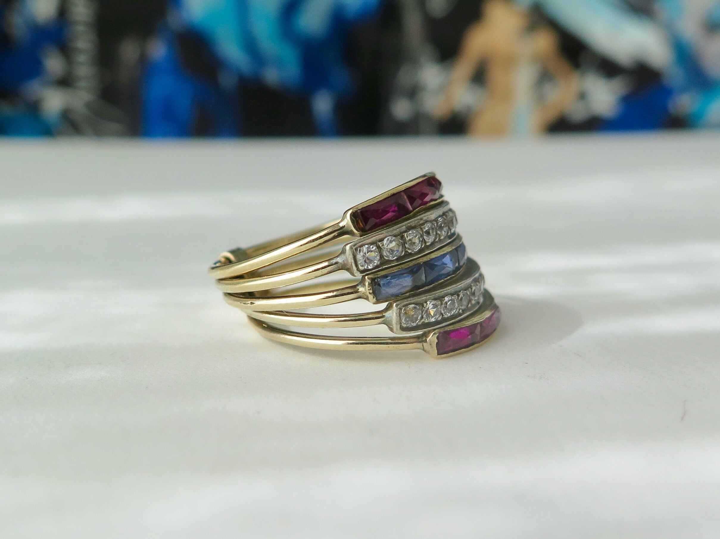 Antique 18k Gold Harem Ring: Ruby, Blue & White Sapphire, Multi-Band