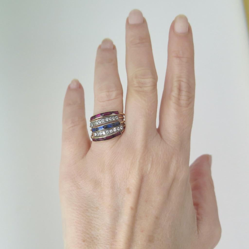 Antique 18k Gold Harem Ring: Ruby, Blue & White Sapphire, Multi-Band