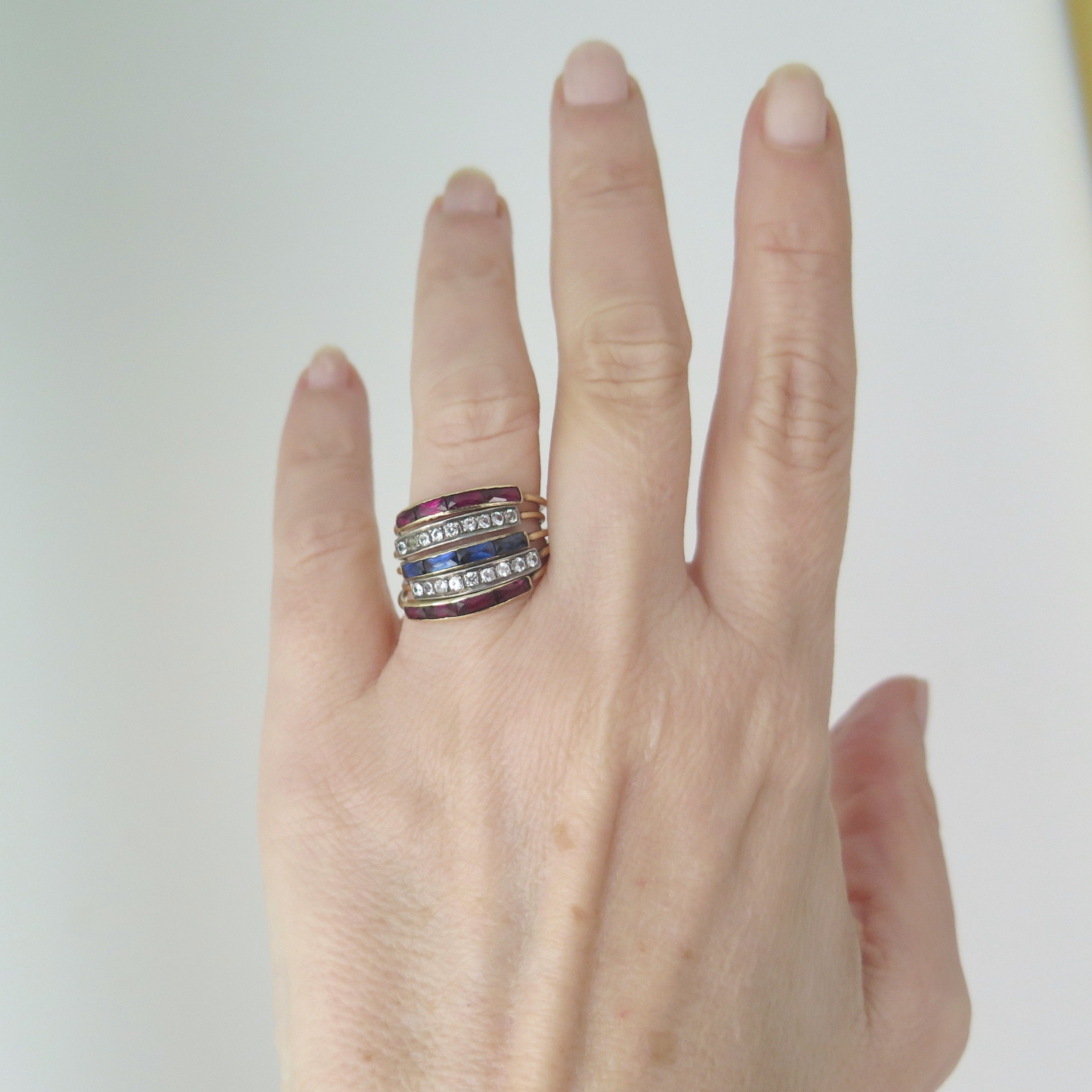 Antique 18k Gold Harem Ring: Ruby, Blue & White Sapphire, Multi-Band