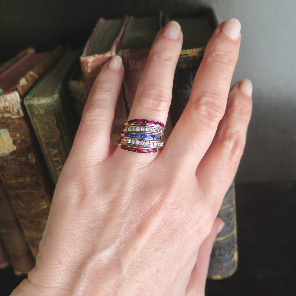 Antique 18k Gold Harem Ring: Ruby, Blue & White Sapphire, Multi-Band
