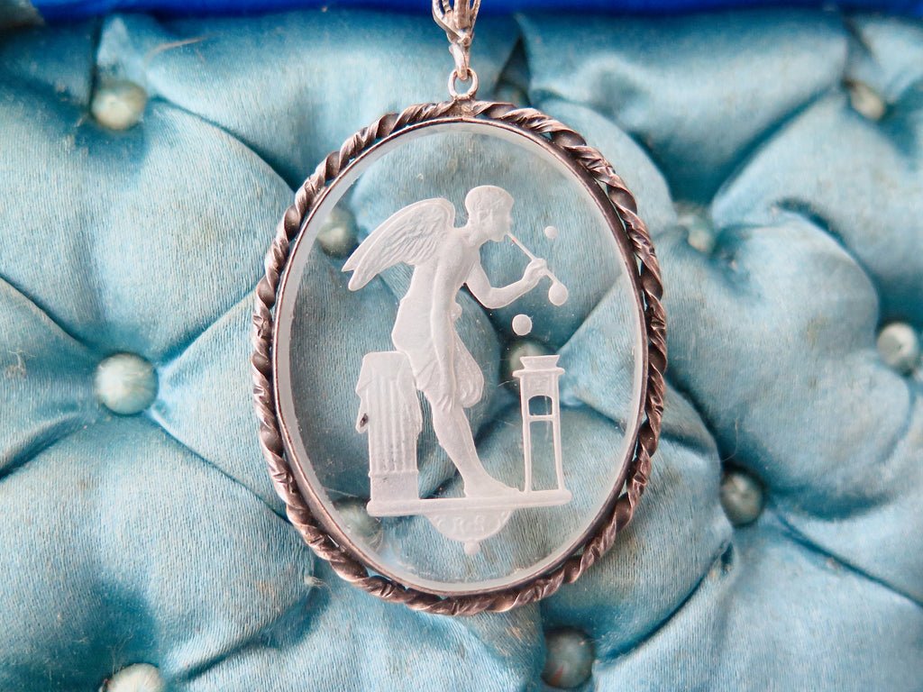 Vintage Art Deco Etched Glass Pendant, Eros Blowing Soap Bubbles, Cupid Pendant