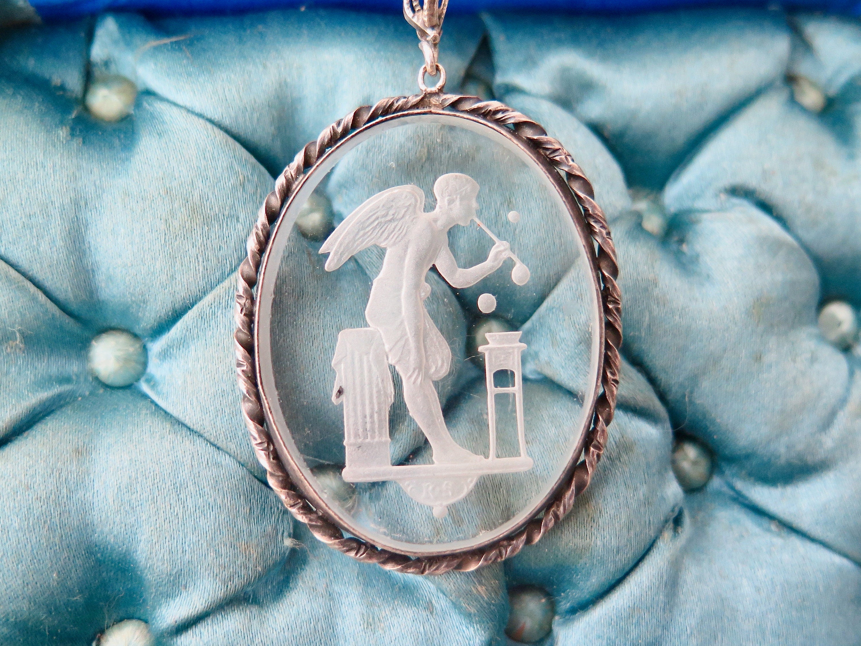 Vintage Art Deco Etched Glass Pendant, Eros Blowing Soap Bubbles, Cupid Pendant