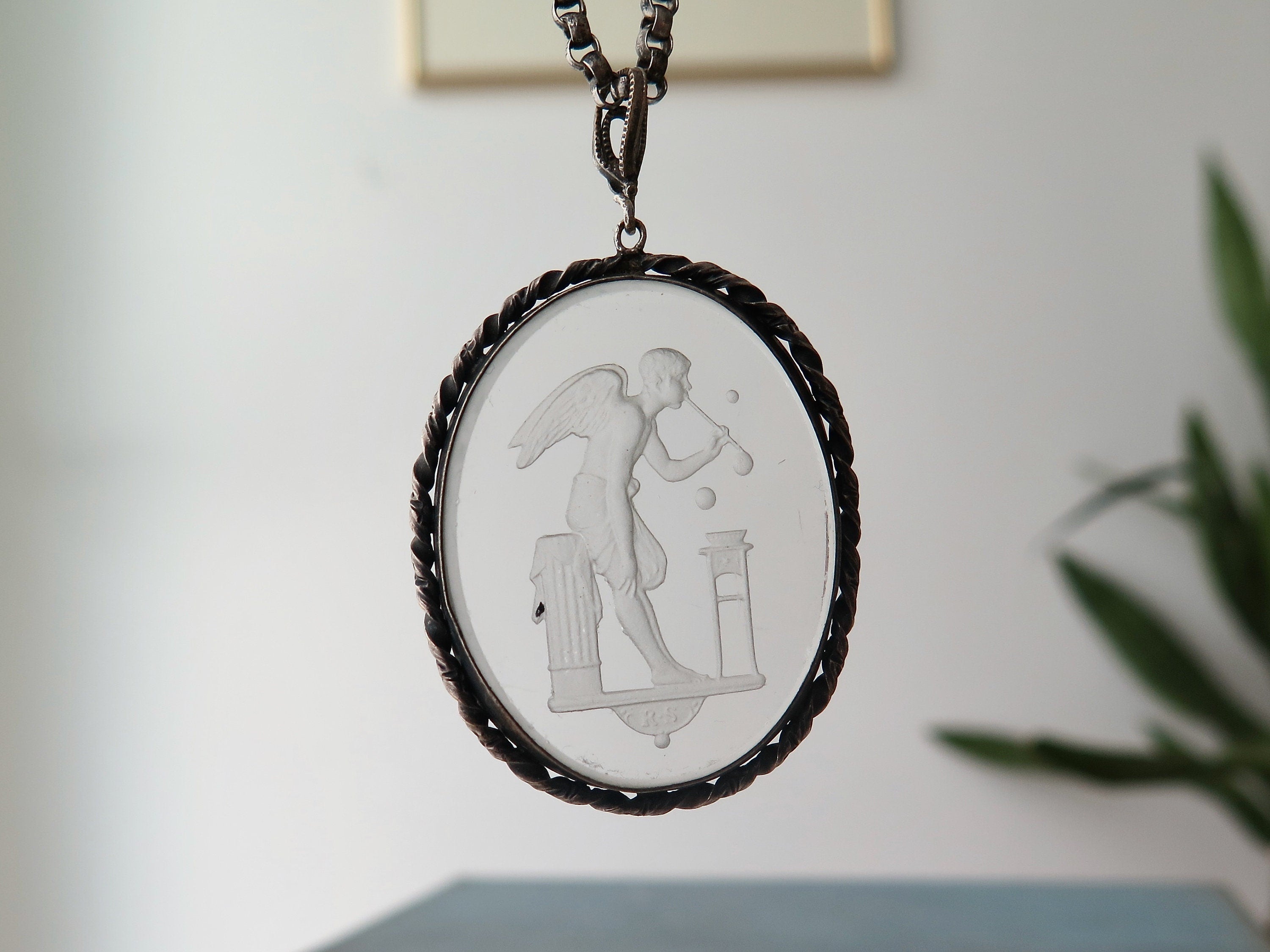 Vintage Art Deco Etched Glass Pendant, Eros Blowing Soap Bubbles, Cupid Pendant