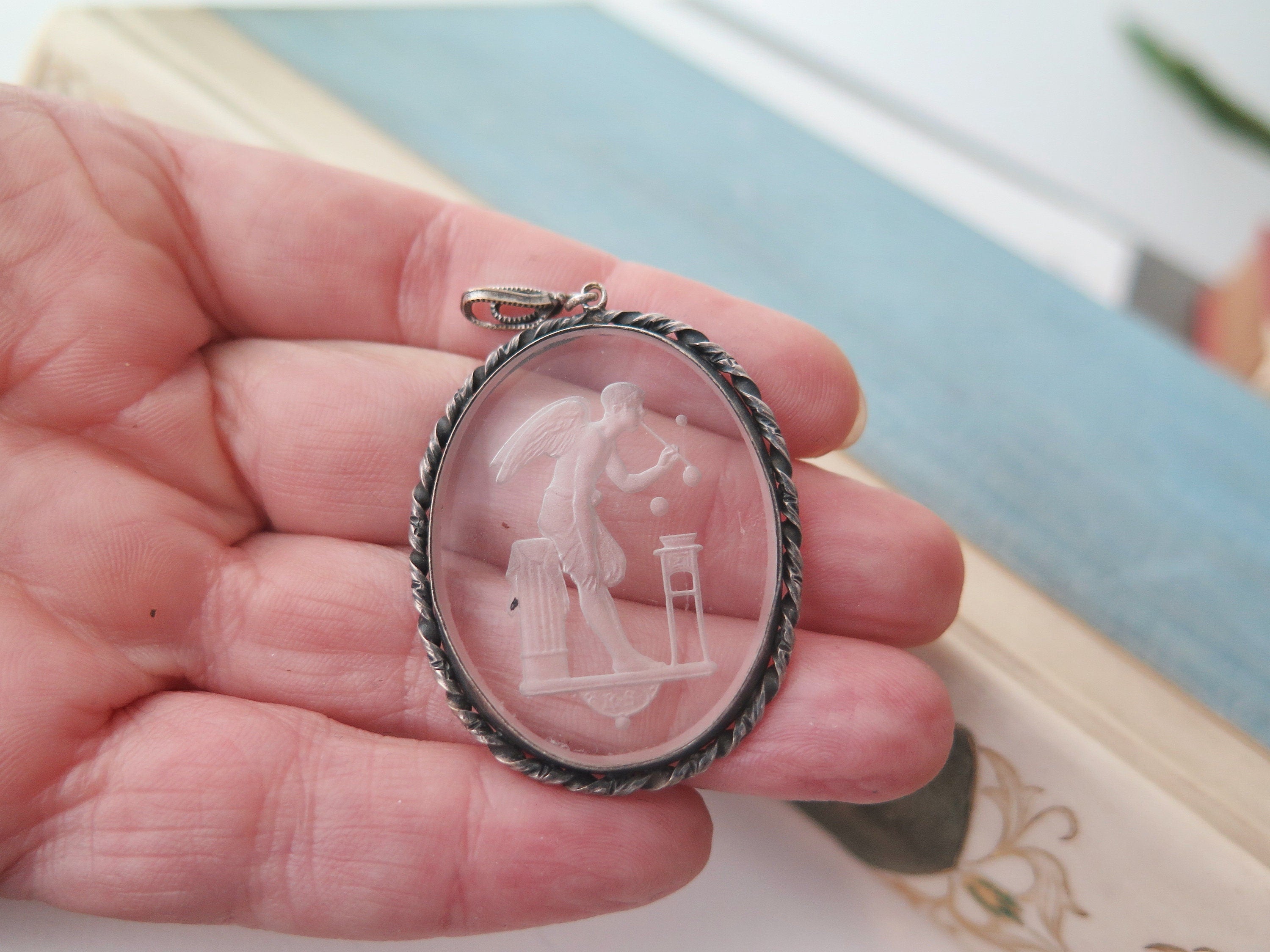 Vintage Art Deco Etched Glass Pendant, Eros Blowing Soap Bubbles, Cupid Pendant
